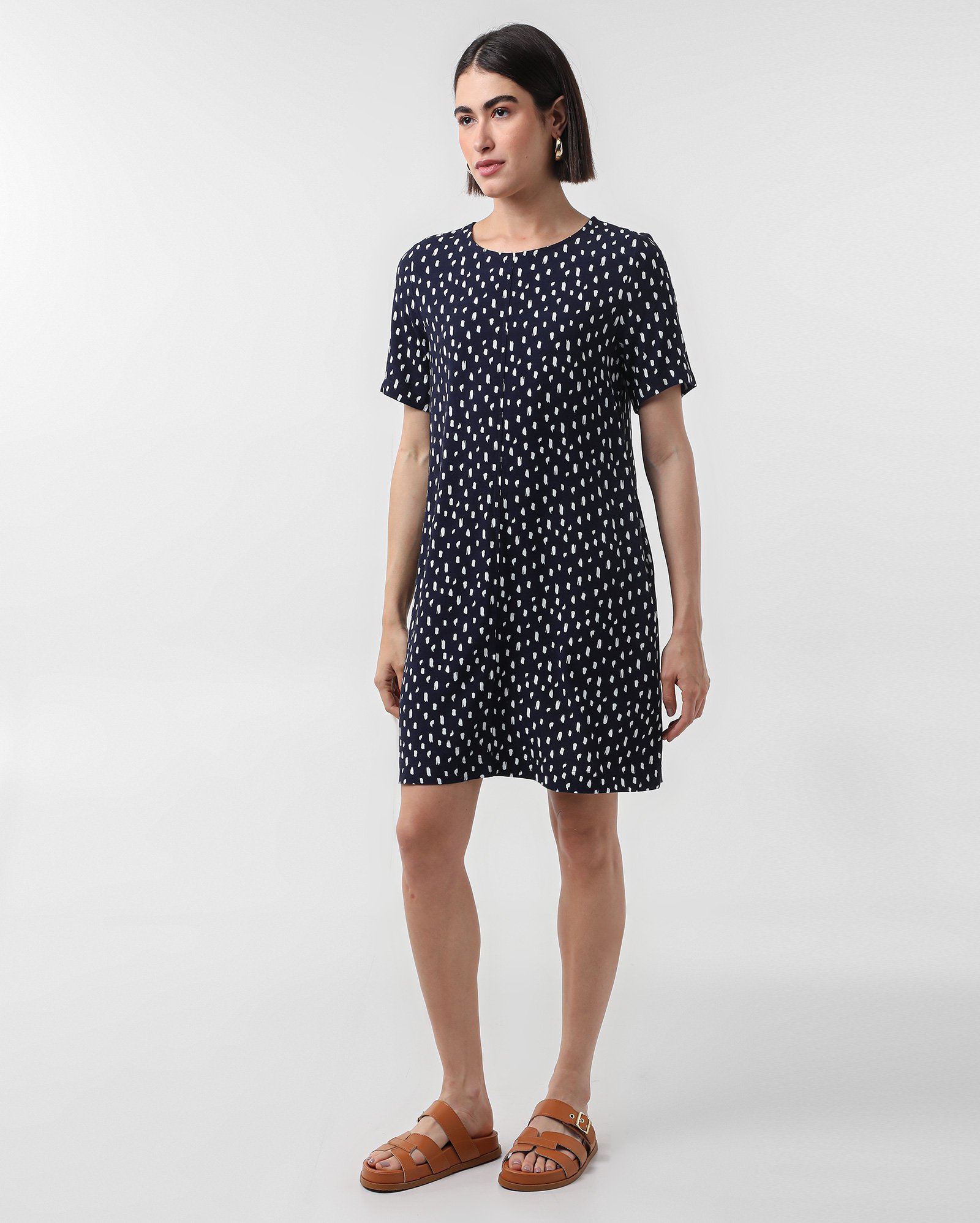 Vestido curto reto Lica viscose pinceladas - Azul Escuro | AK by Riachuelo