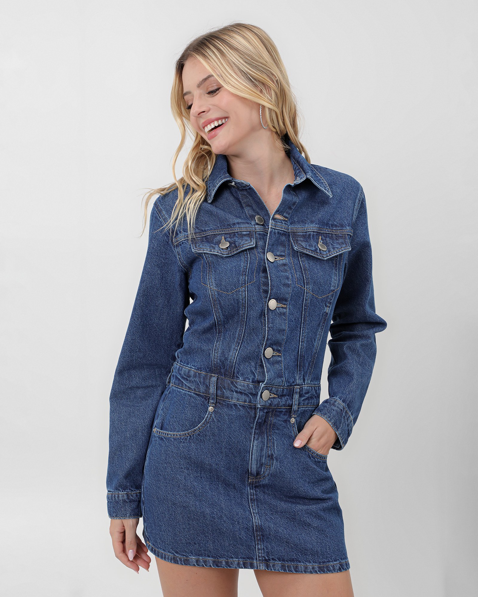 Chemise jeans curto reto com bolsos denim escuro | Pool Jeans