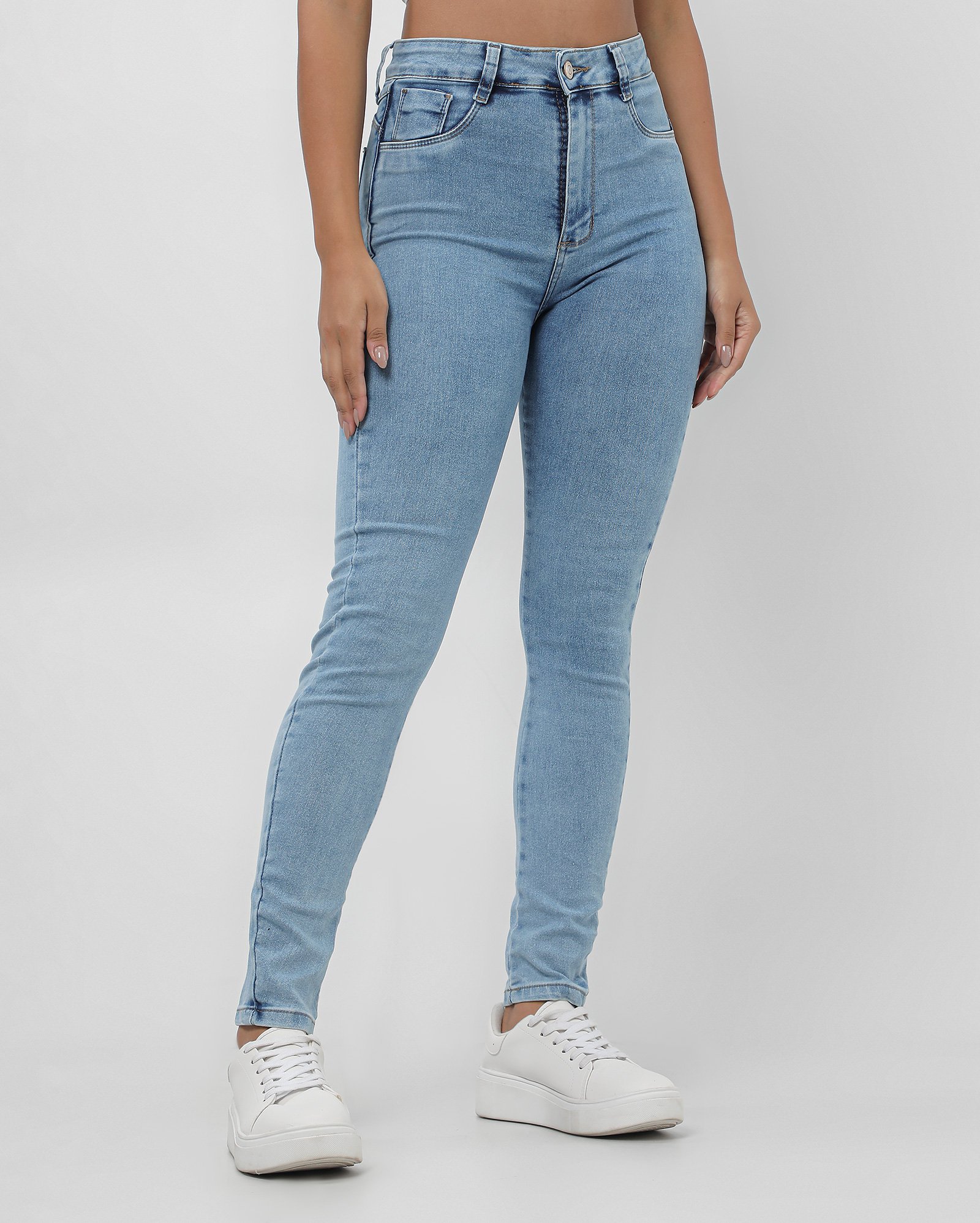 Calça jeans feminina skinny super lipo cintura alta denim claro | Sawary