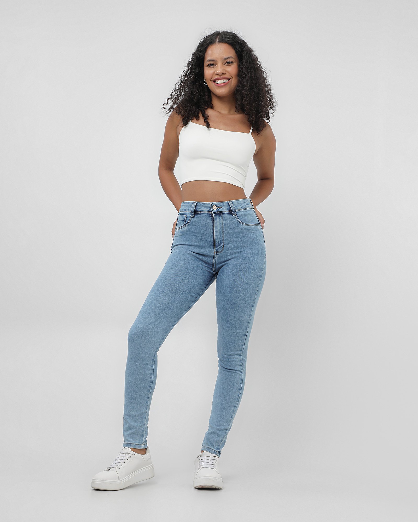 Calça jeans feminina skinny super lipo cintura alta denim claro | Sawary