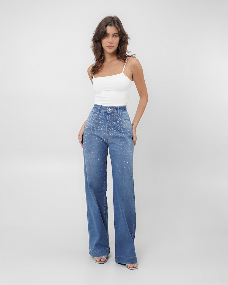Riachuelo Calça jeans feminina wide leg com brilho denim médio