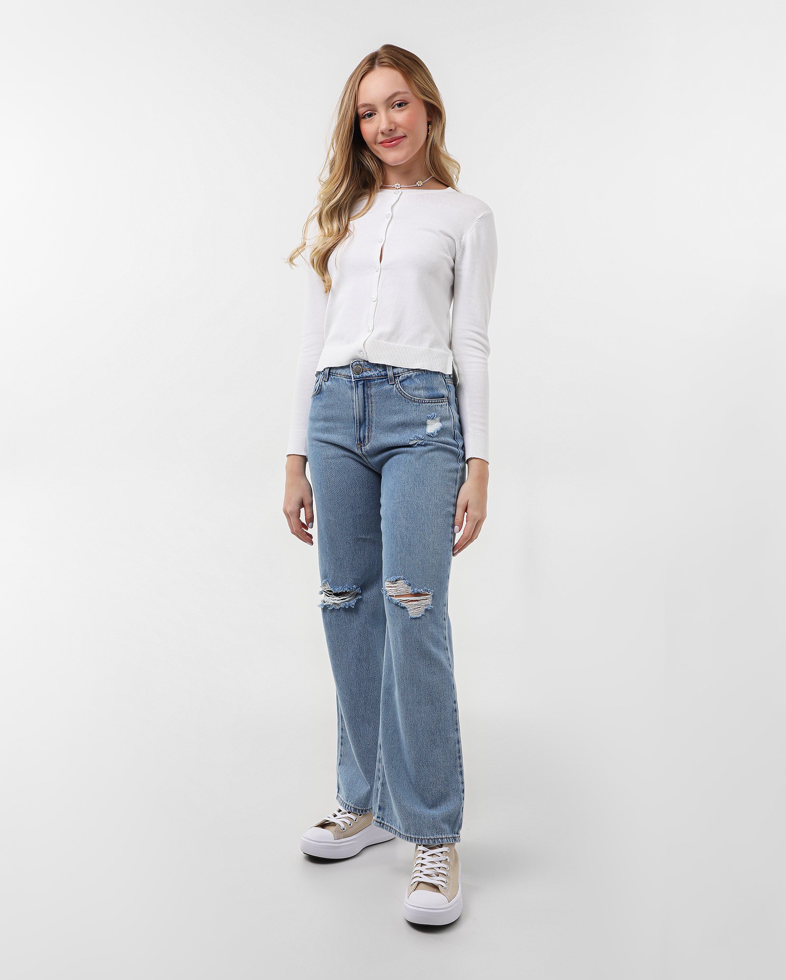 Calça jeans juvenil wide leg destroyed - Azul Jeans Médio | Pool