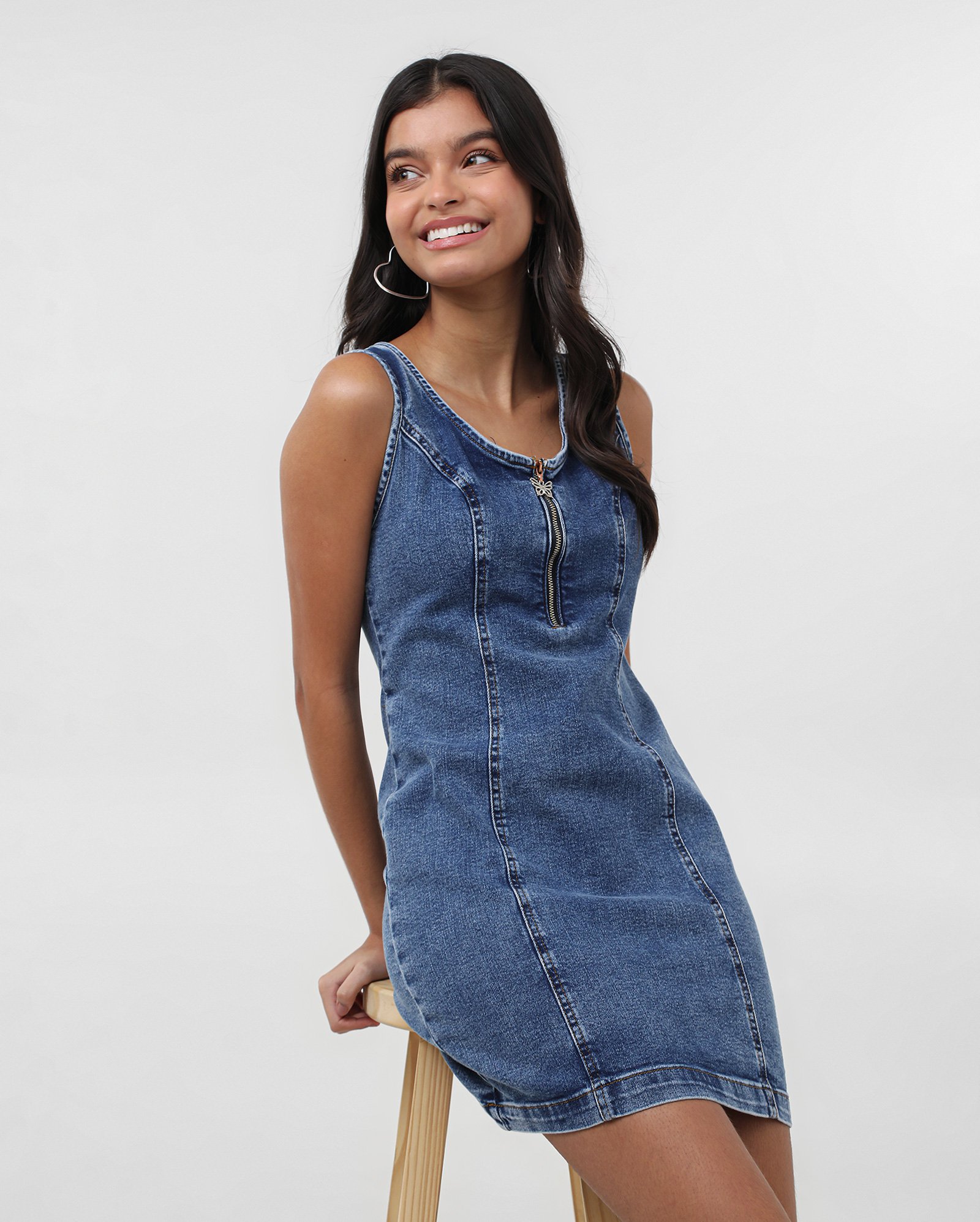 Vestido jeans juvenil reto com zíper de borboleta denim médio | Pool