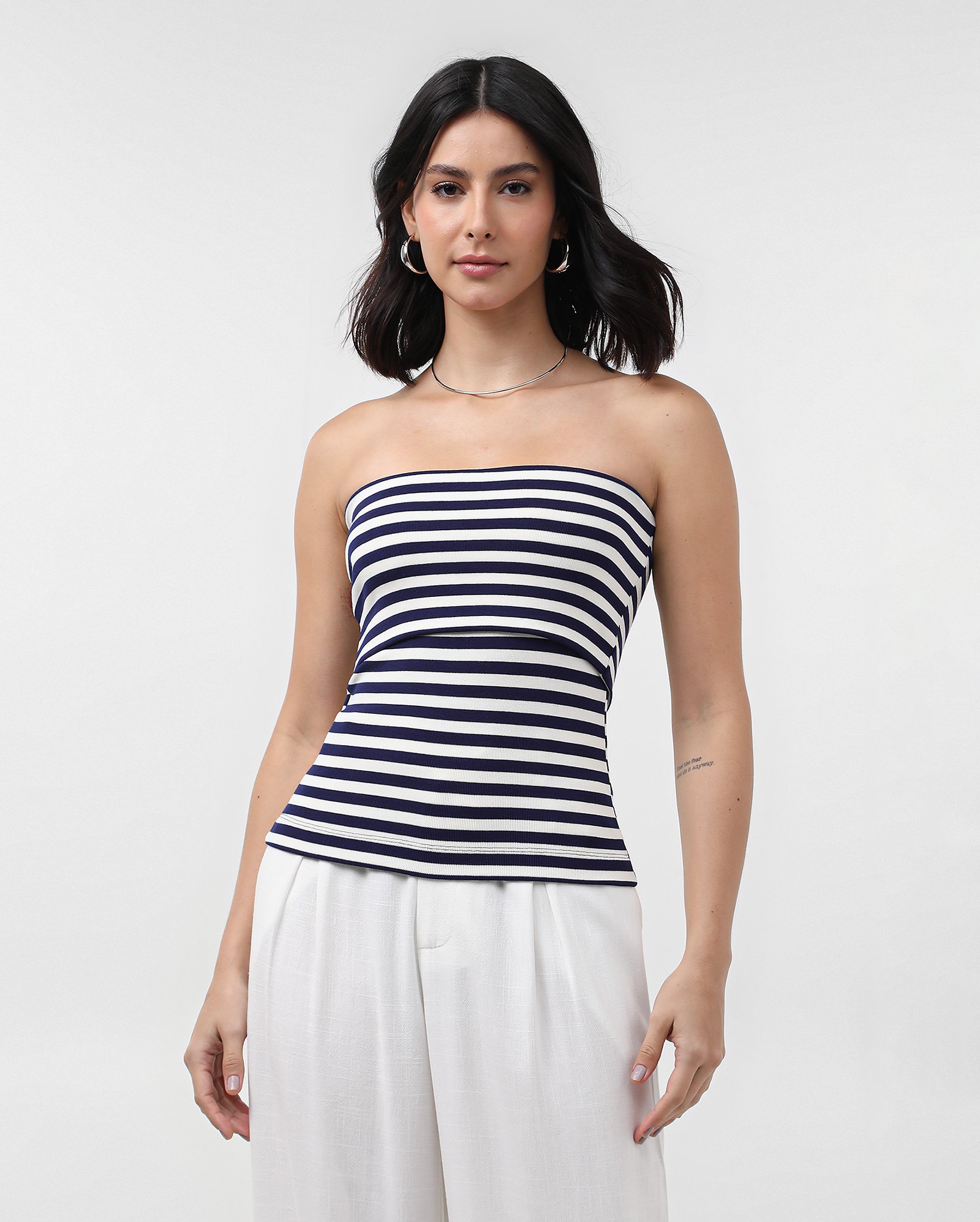 Top bandeau com dobra canelado listrado azul - Azul Escuro | AK by Riachuelo