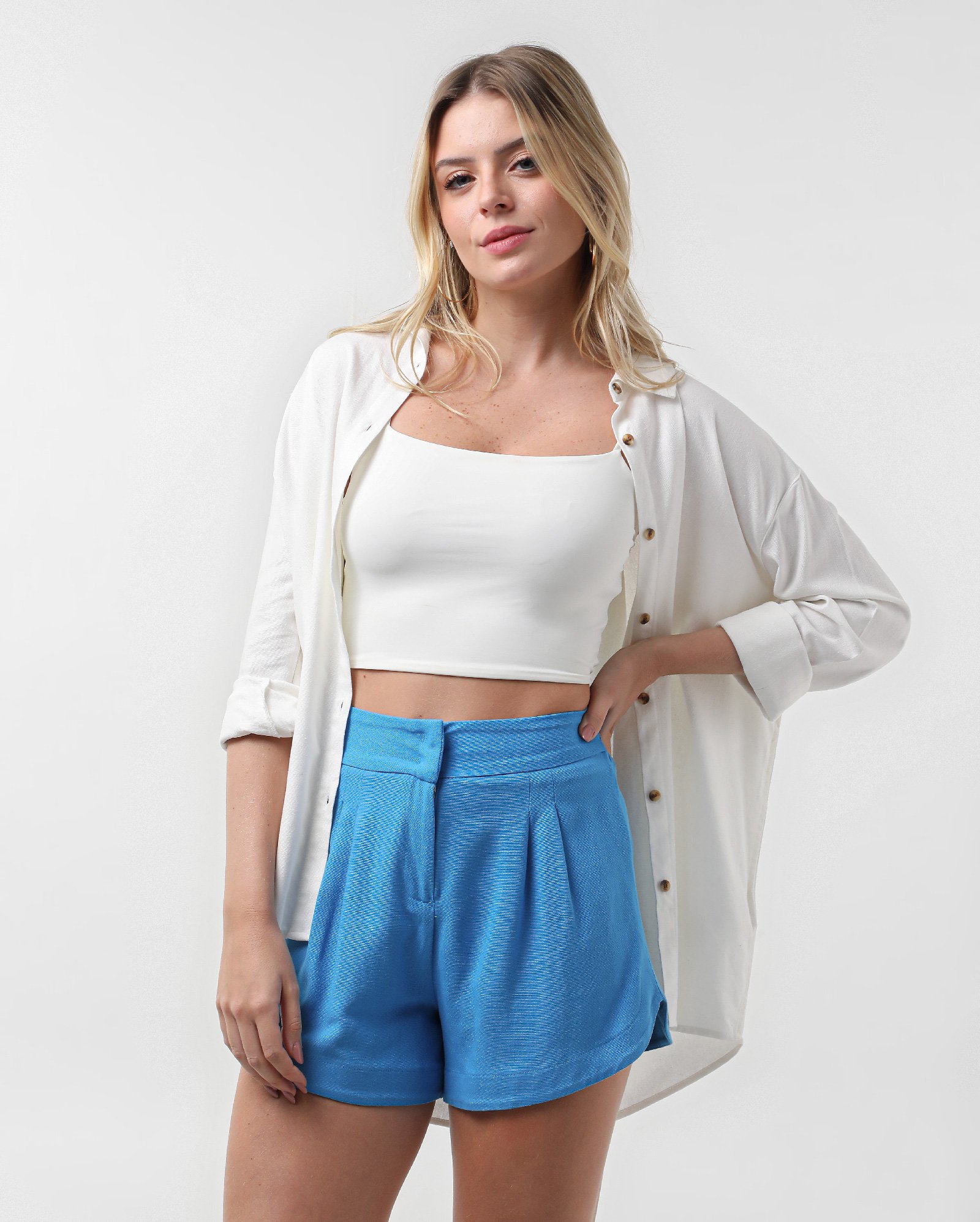 Short feminino em viscolinho com elástico liso azul | Pool