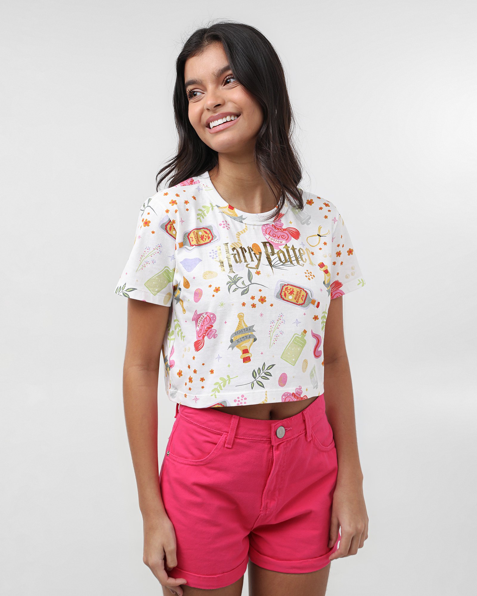 Camiseta cropped juvenil Harry Potter metalizada branca | Warner Bros.