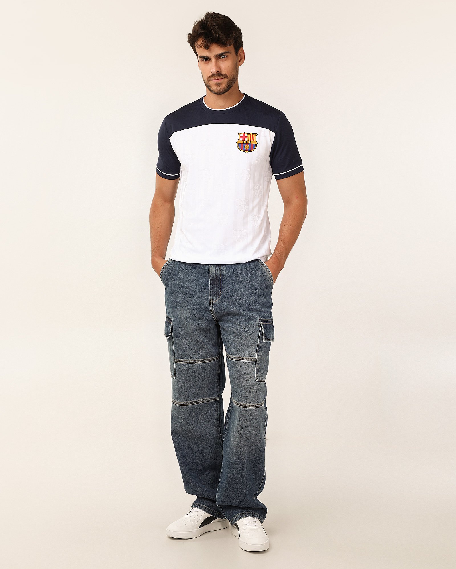 Camiseta masculina futebol Barcelona com recortes branca