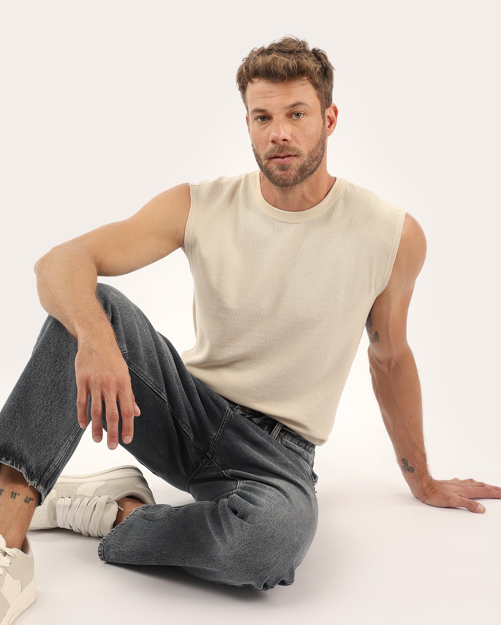 Regata masculina sleeveless texturizada bege