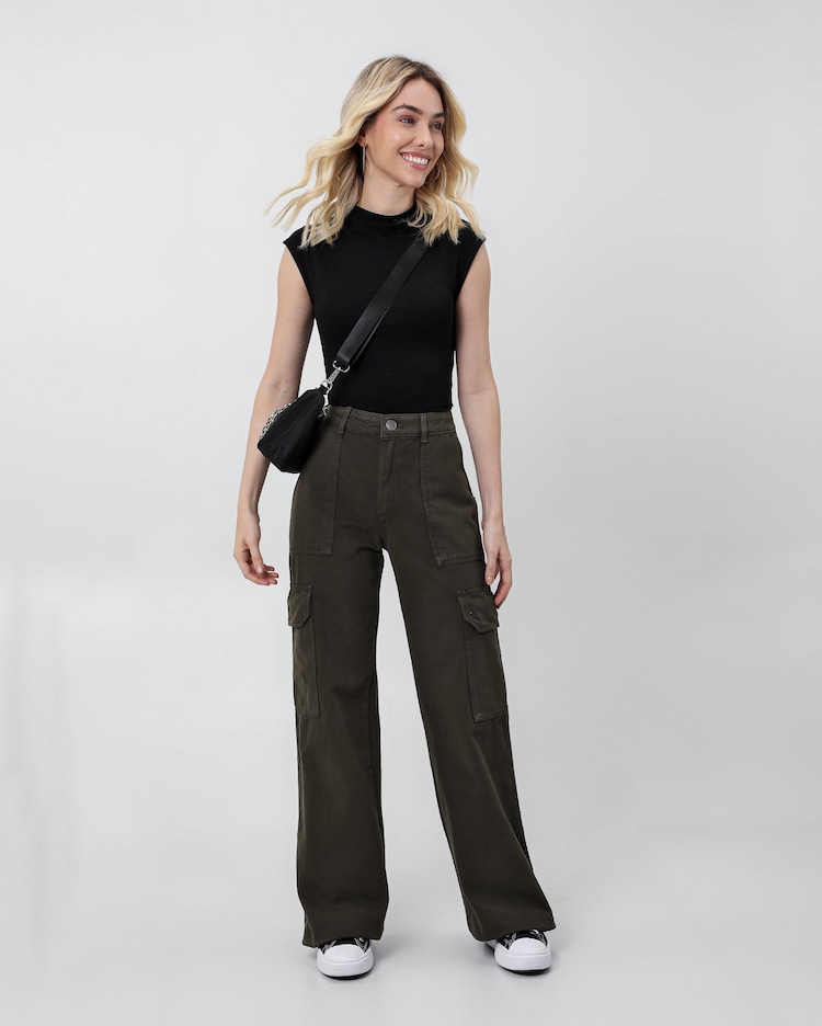 Riachuelo Calça sarja feminina wide leg cintura alta bolso cargo