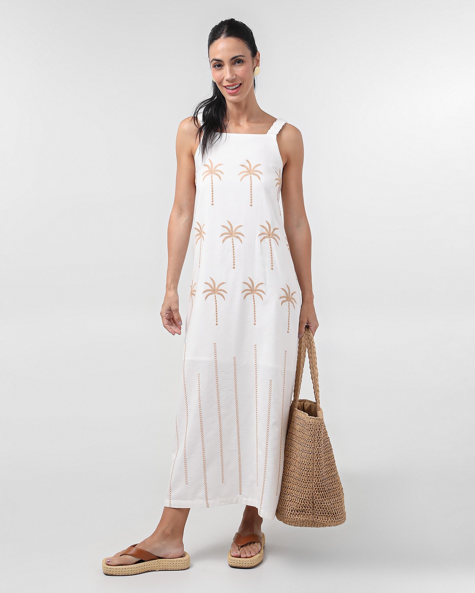 Vestido midi reto bordado em viscolinho - branco