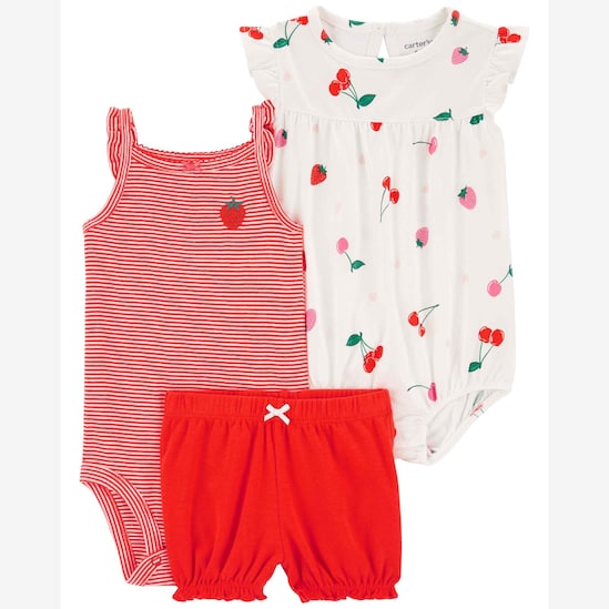 Conjunto curto bebê 3 peças com babados morango listrado multicor | Carter's