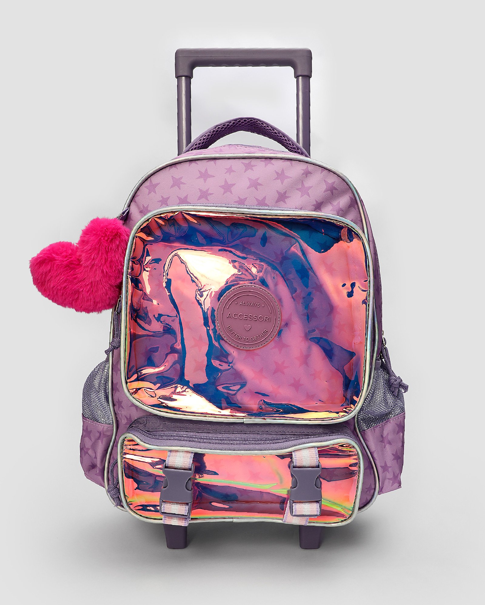 Mochila infantil com rodinhas coração holográfico lilás | Accessori by Riachuelo