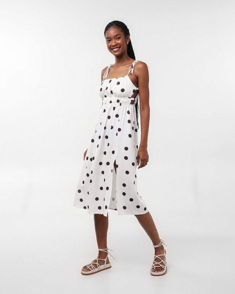 Riachuelo Vestido curto evasê em viscolinho alças finas poá