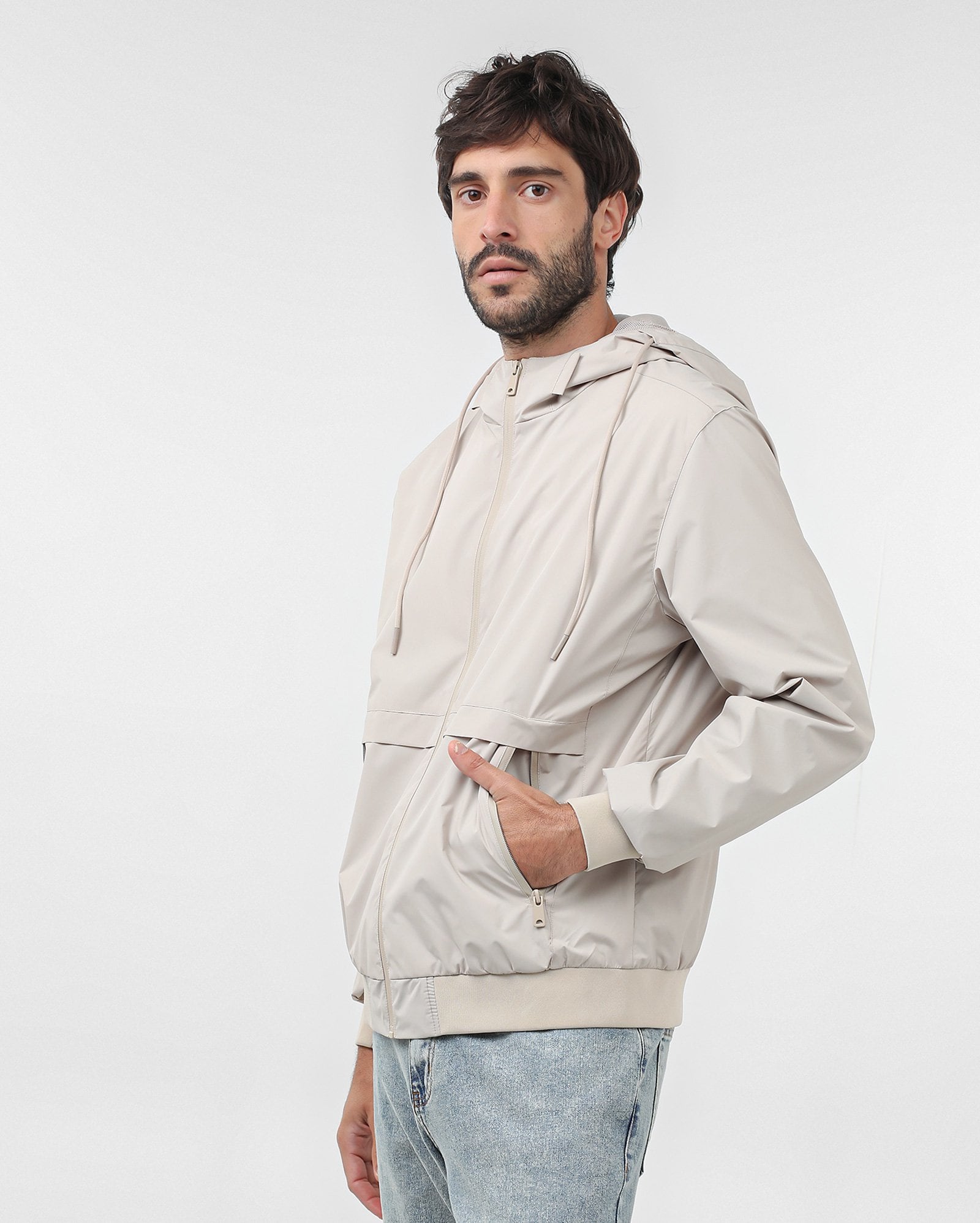 Jaqueta corta vento masculina bolso interno - Bege Claro