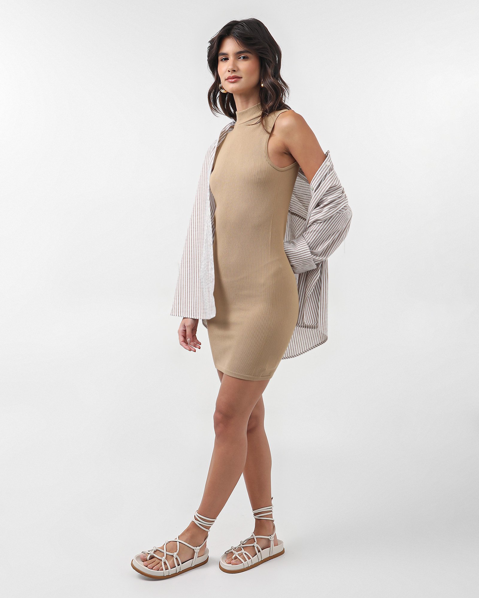 Vestido curto tubinho canelado - Marrom Claro | Pool Basics
