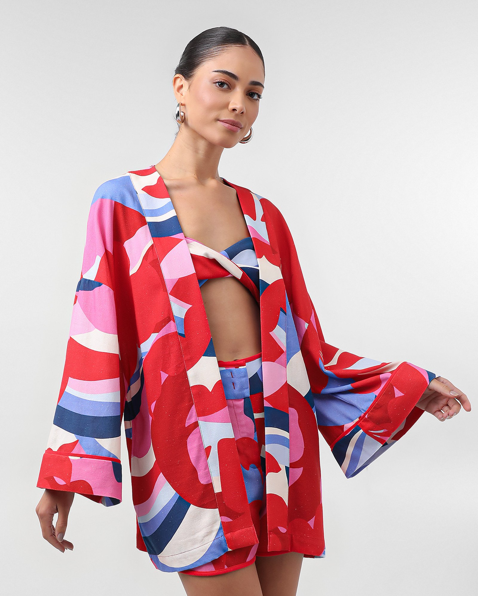 Kimono feminino viscolinho estampado vermelho | Pool