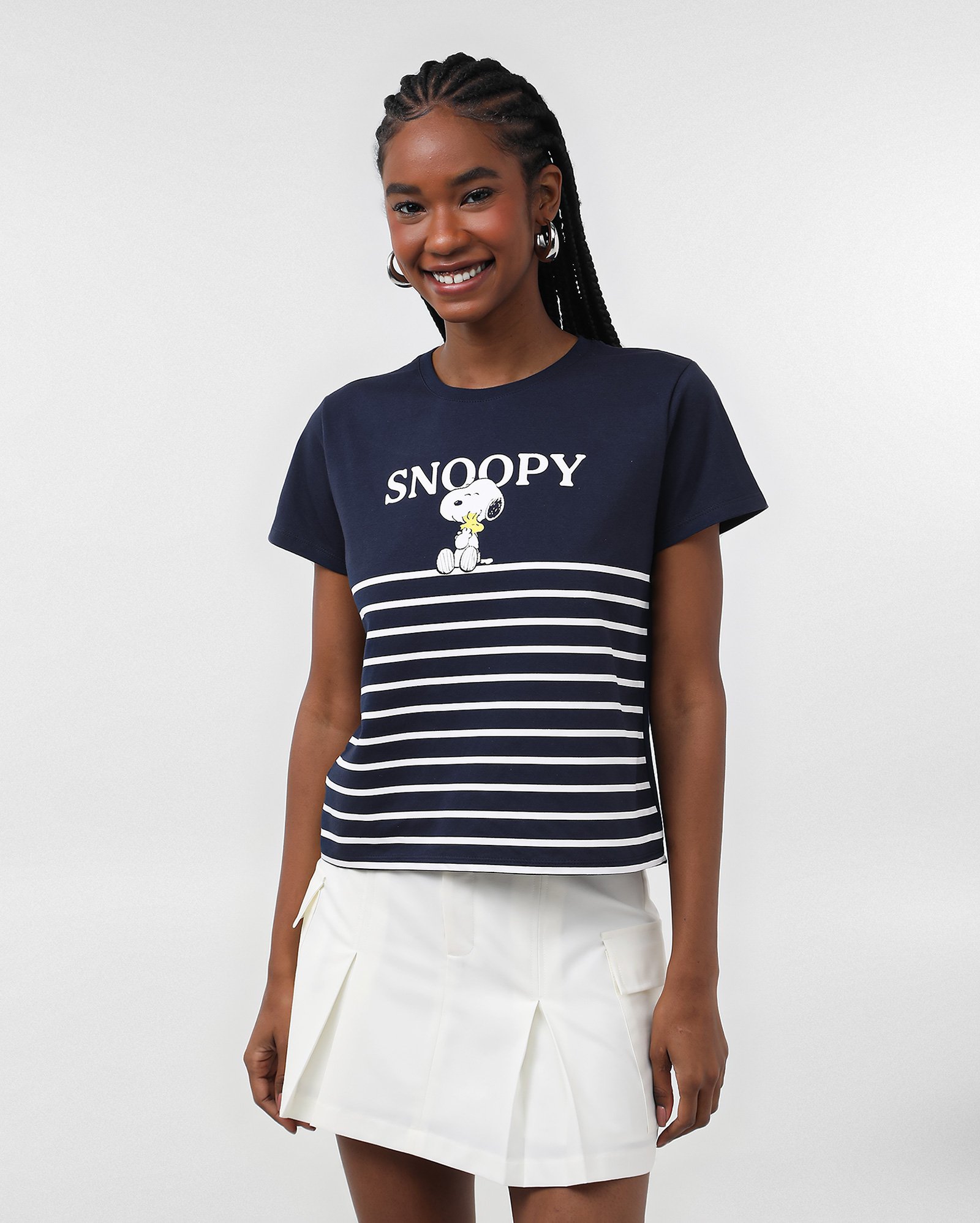 Camiseta feminina Snoopy listrada azul | Peanuts