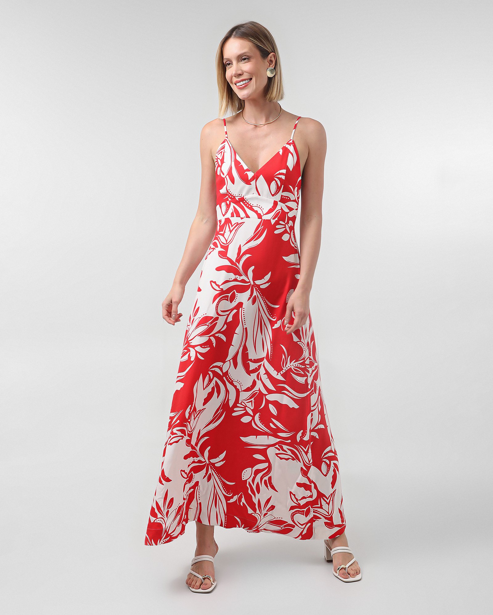 Vestido longo com alças finas estampado vermelho | AK