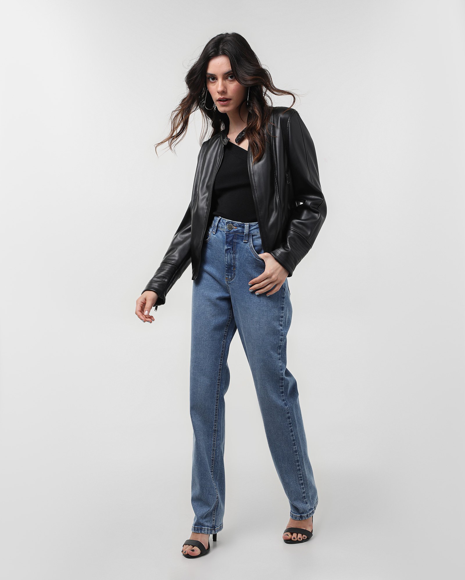 Calça jeans feminina reta stretch cintura média - Jeans Médio | Pool Jeans