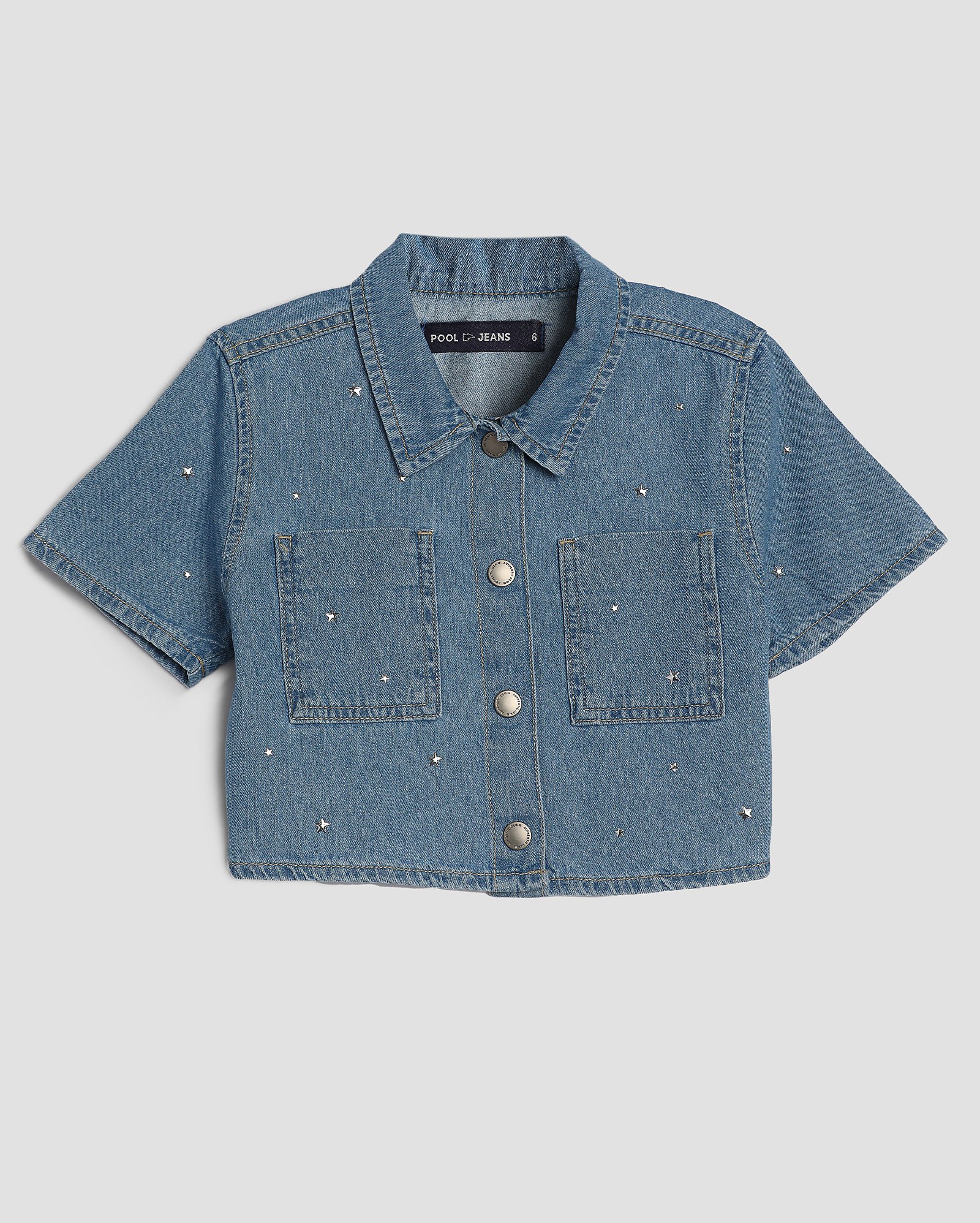 Camisa cropped jeans infantil estrelinhas 4-10A denim médio | Pool Kids