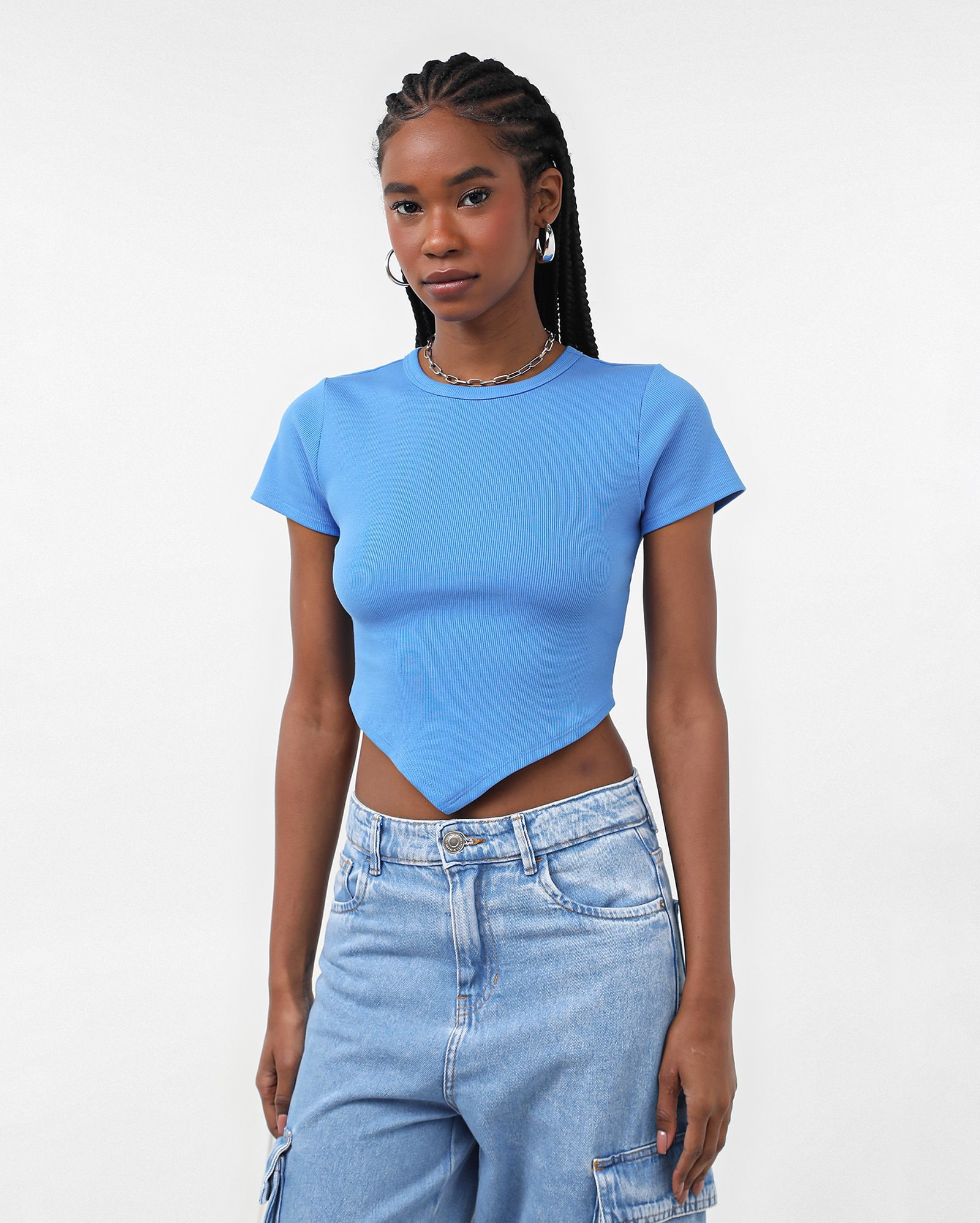 Riachuelo | Blusa cropped canelada barra assimétrica - Azul Claro
