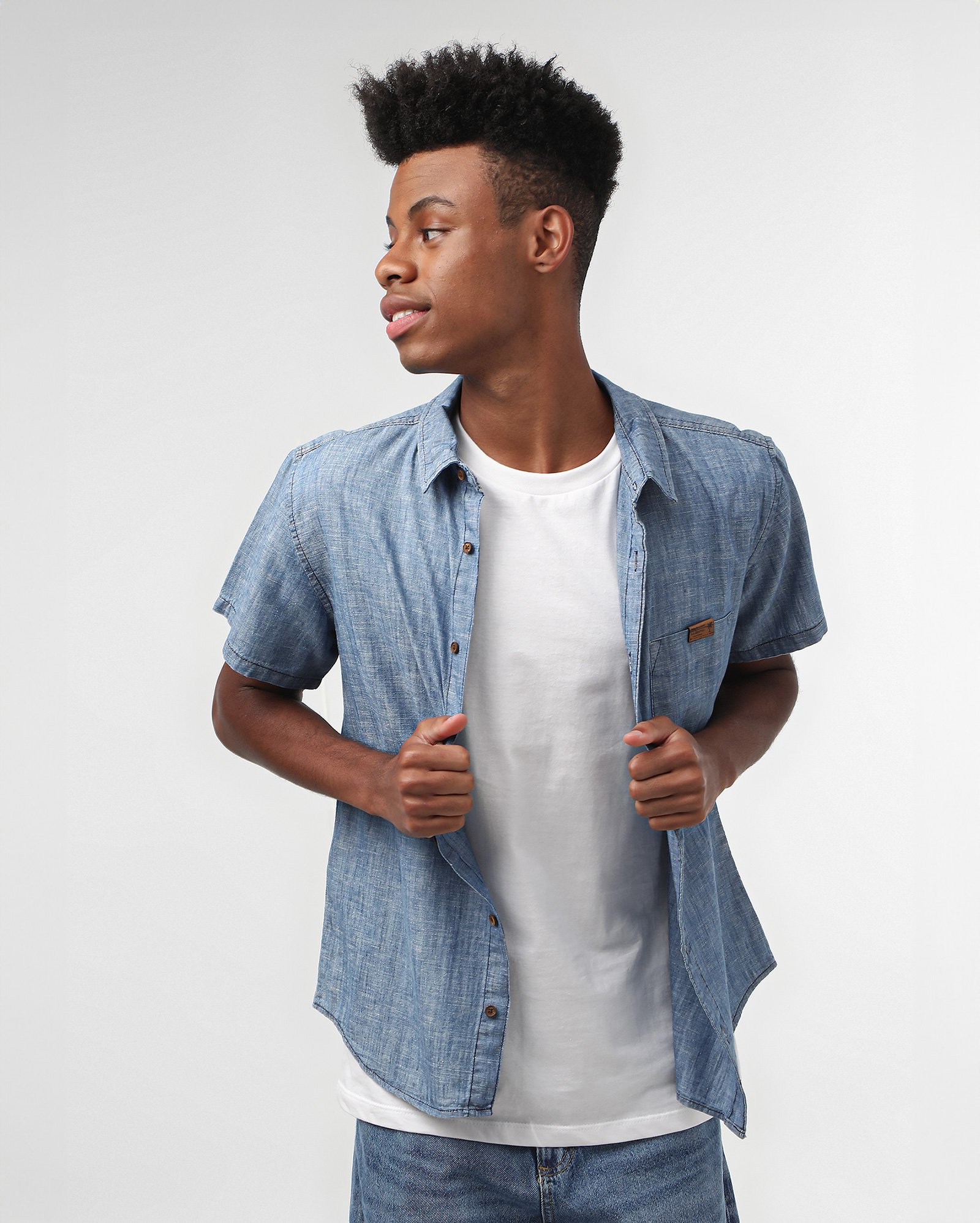 Camisa jeans juvenil regular manga curta denim médio | Pool