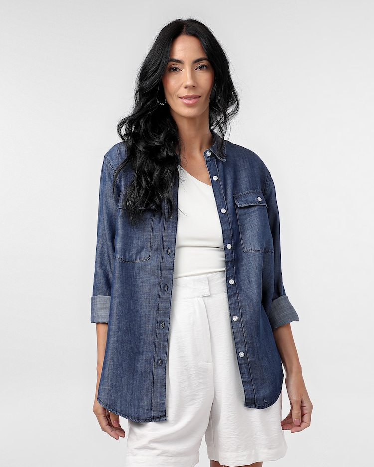 Riachuelo Camisa jeans feminina manga longa com bolsos denim