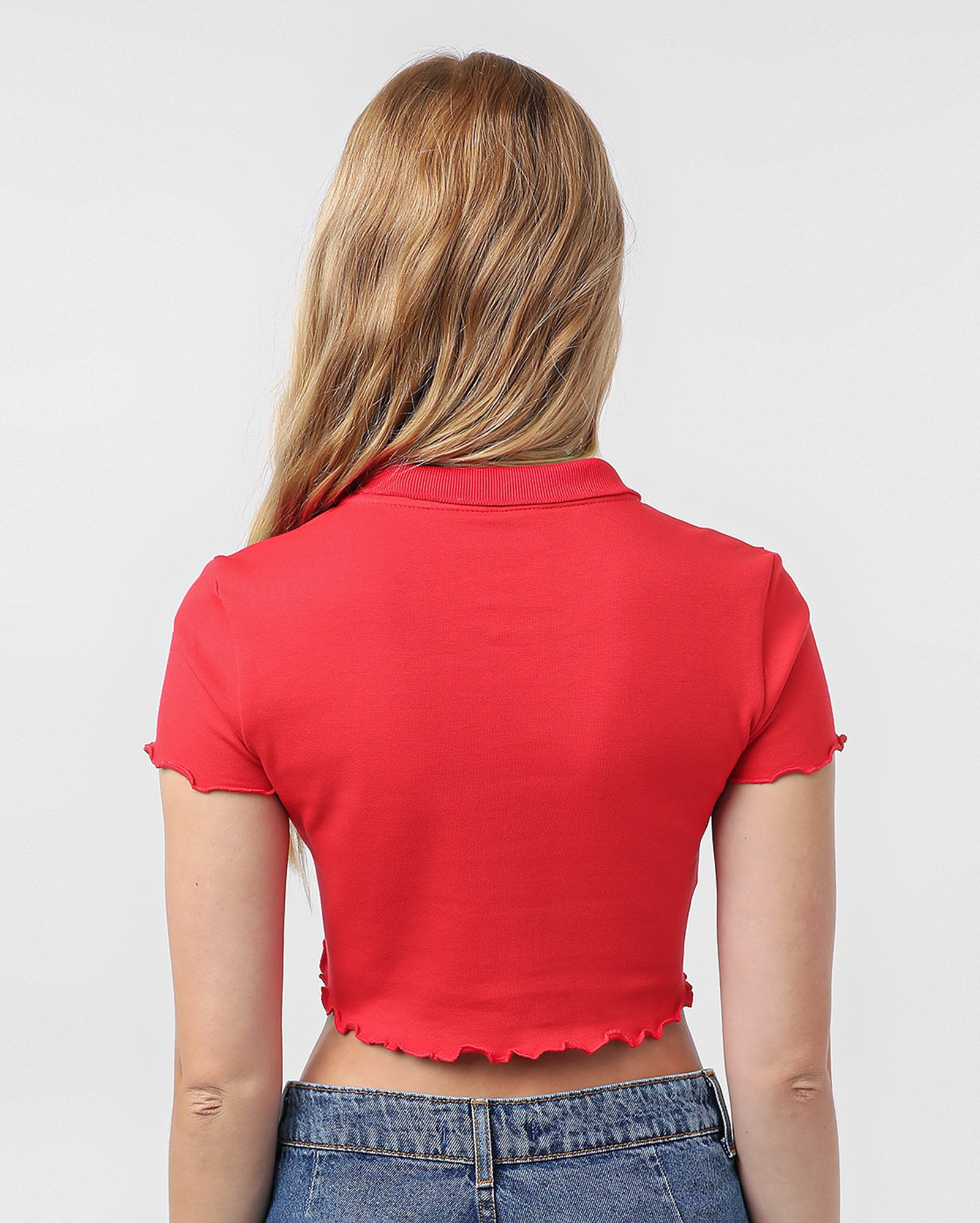 Camisa polo cropped juvenil em ripple com zíper - Vermelho