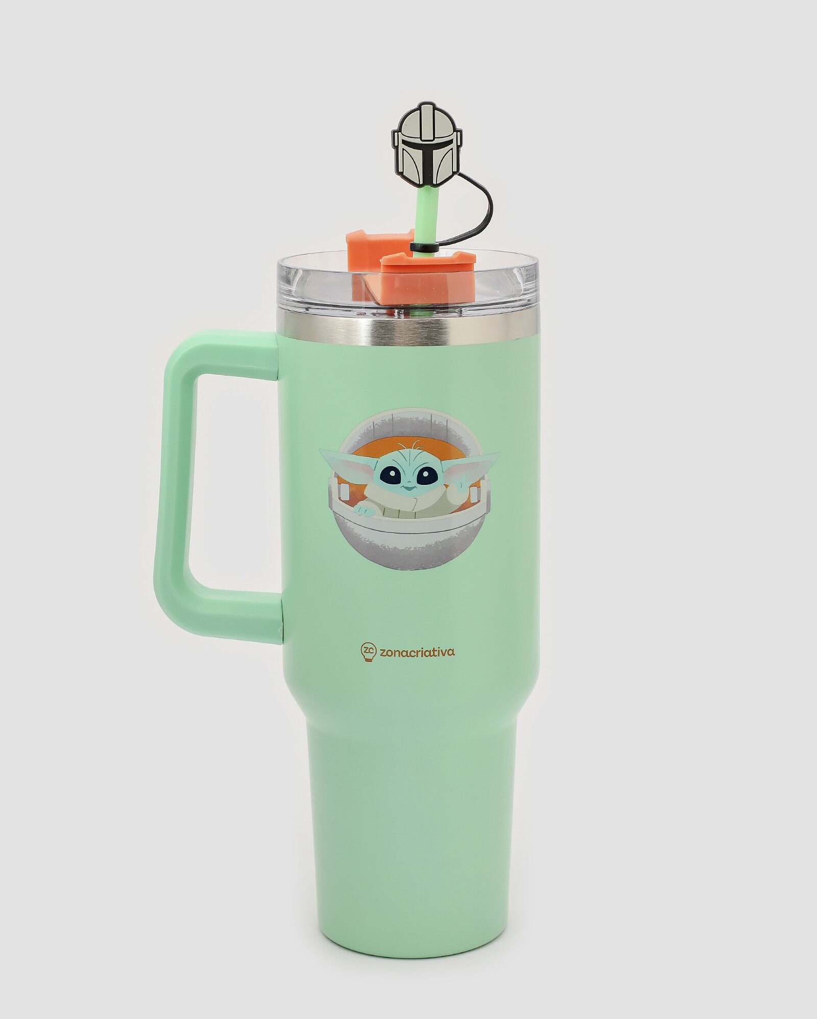 Caneca térmica grande Grogu The Mandalorian com canudo e pingente 1.15L verde | Zona Criativa
