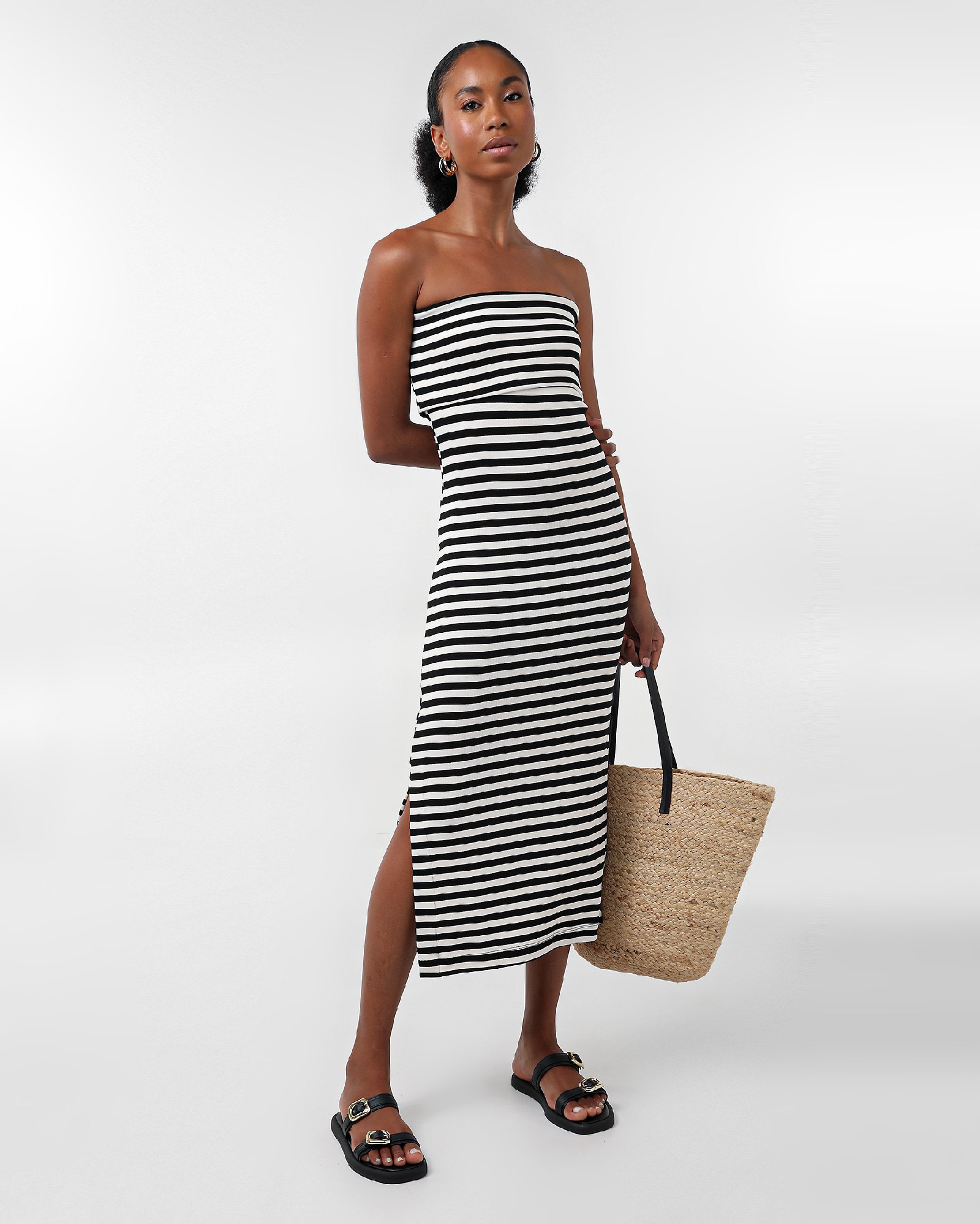 Vestido bandeau midi listrado - Preto | AK by Riachuelo