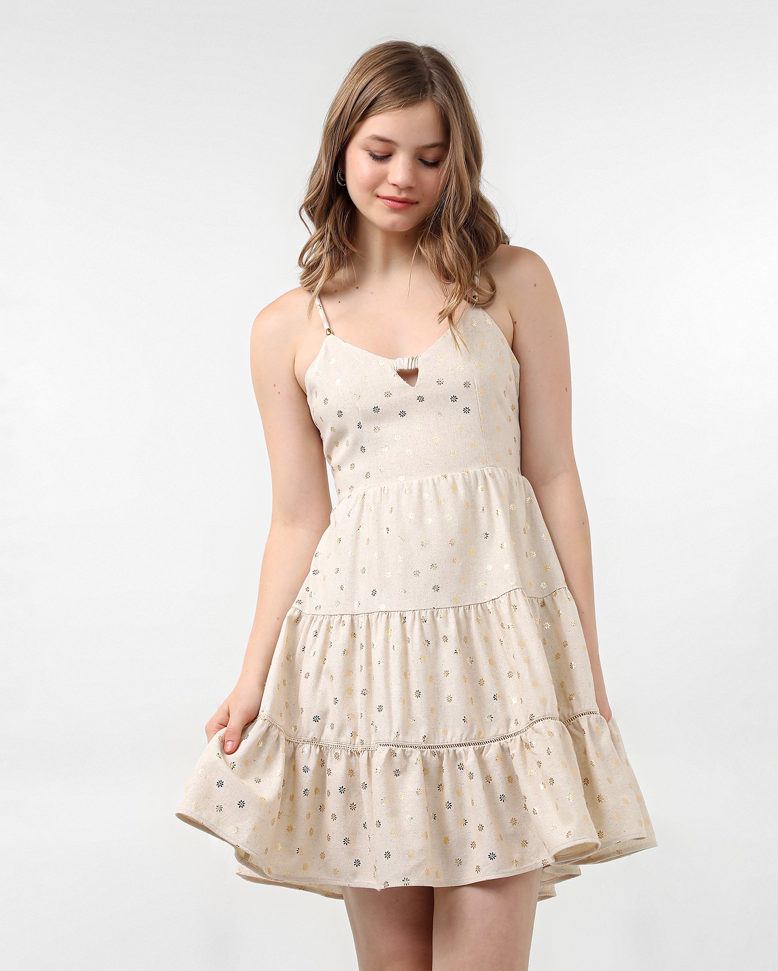 Vestido juvenil de viscolinho floral metalizado bege | Pool