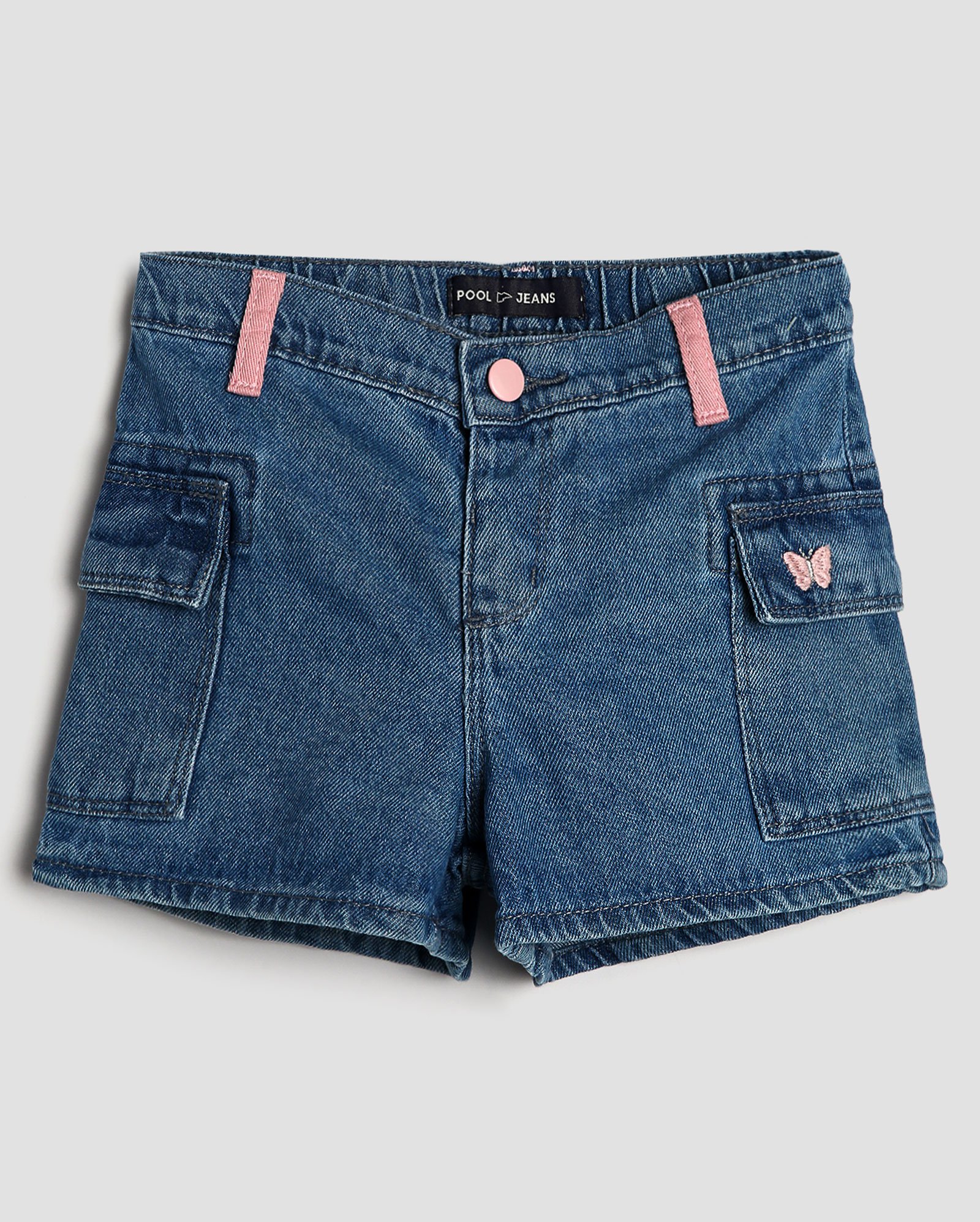 Short jeans infantil cargo com borboletas 1-4A denim escuro | Pool Kids