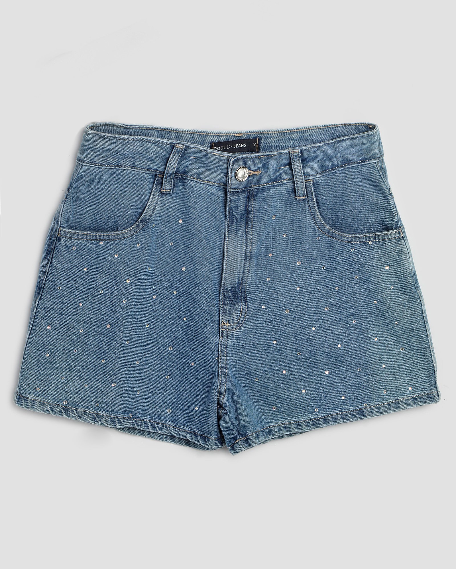 Short jeans juvenil mom cintura alta com brilho denim médio | Pool Jeans 