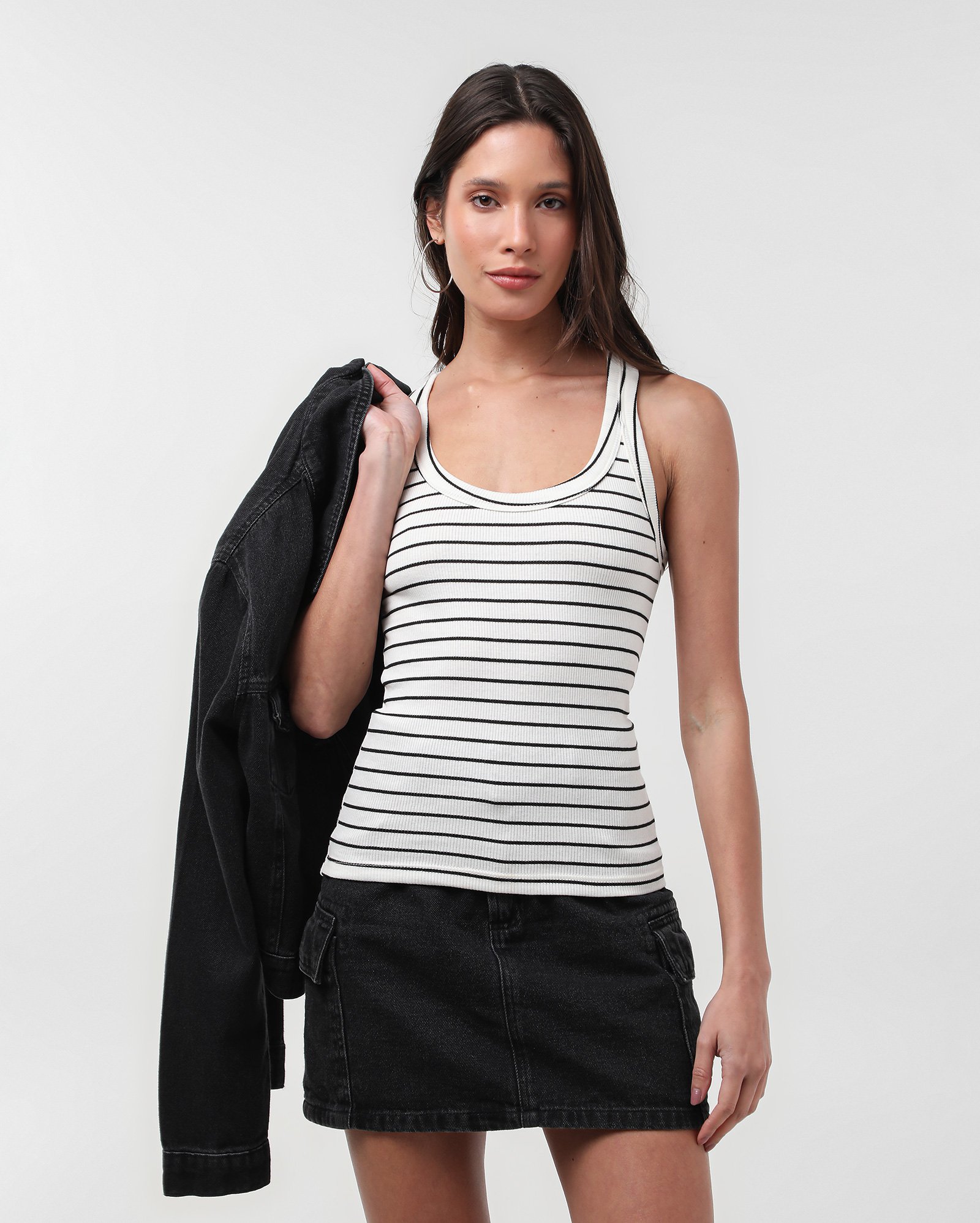 Regata feminina em malha canelada listrada - Off-white | Pool Basics