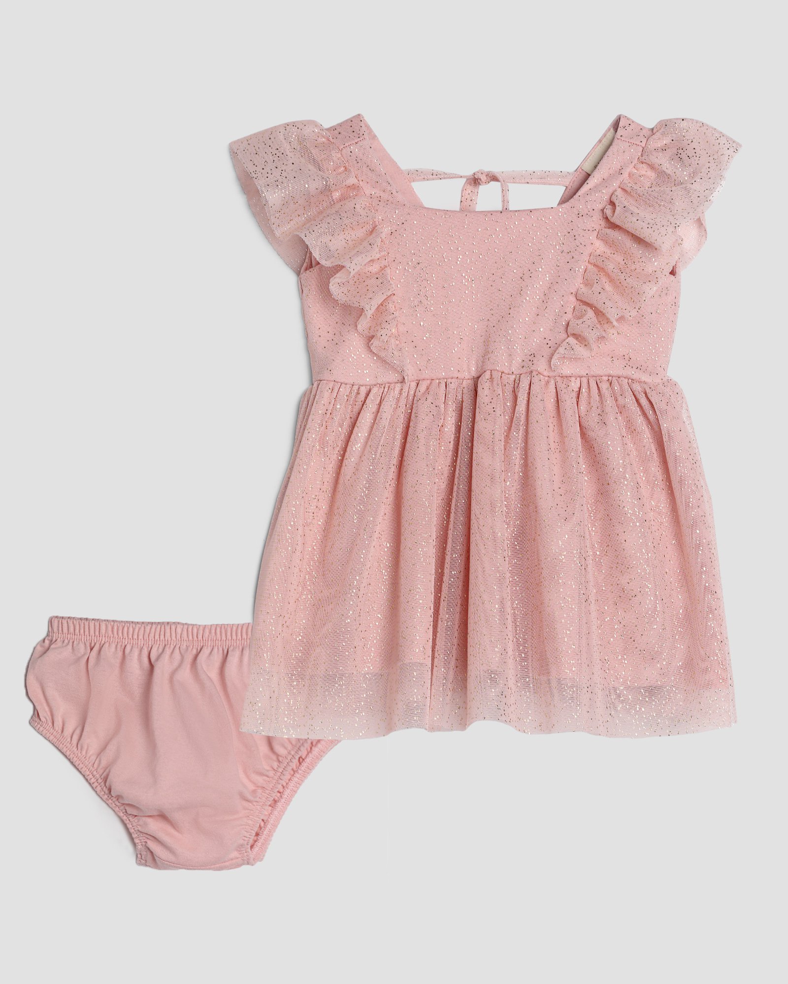 Vestido bebê de tule com babado brilho e calcinha rosa | Baby Way