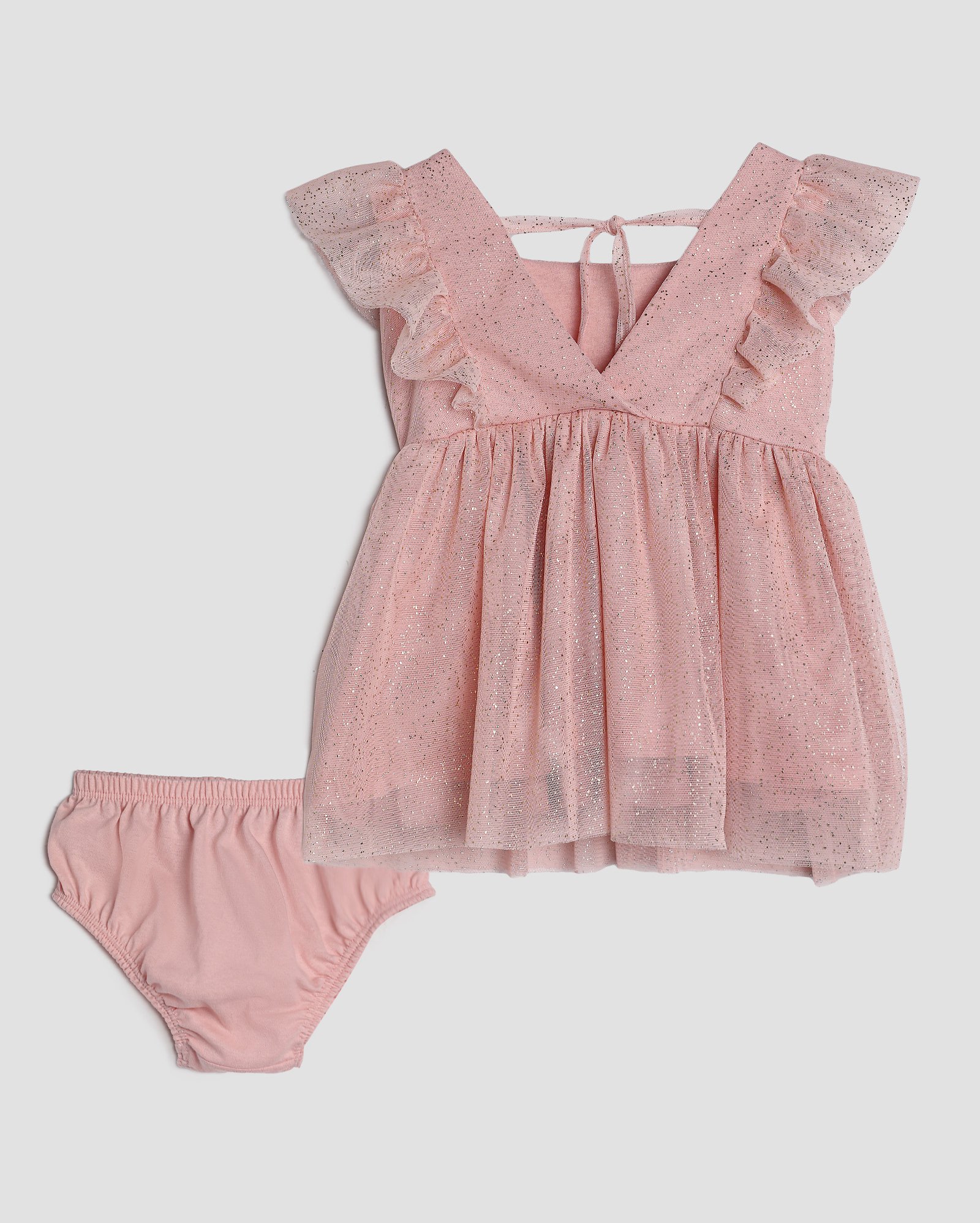 Vestido bebê de tule com babado brilho e calcinha rosa | Baby Way