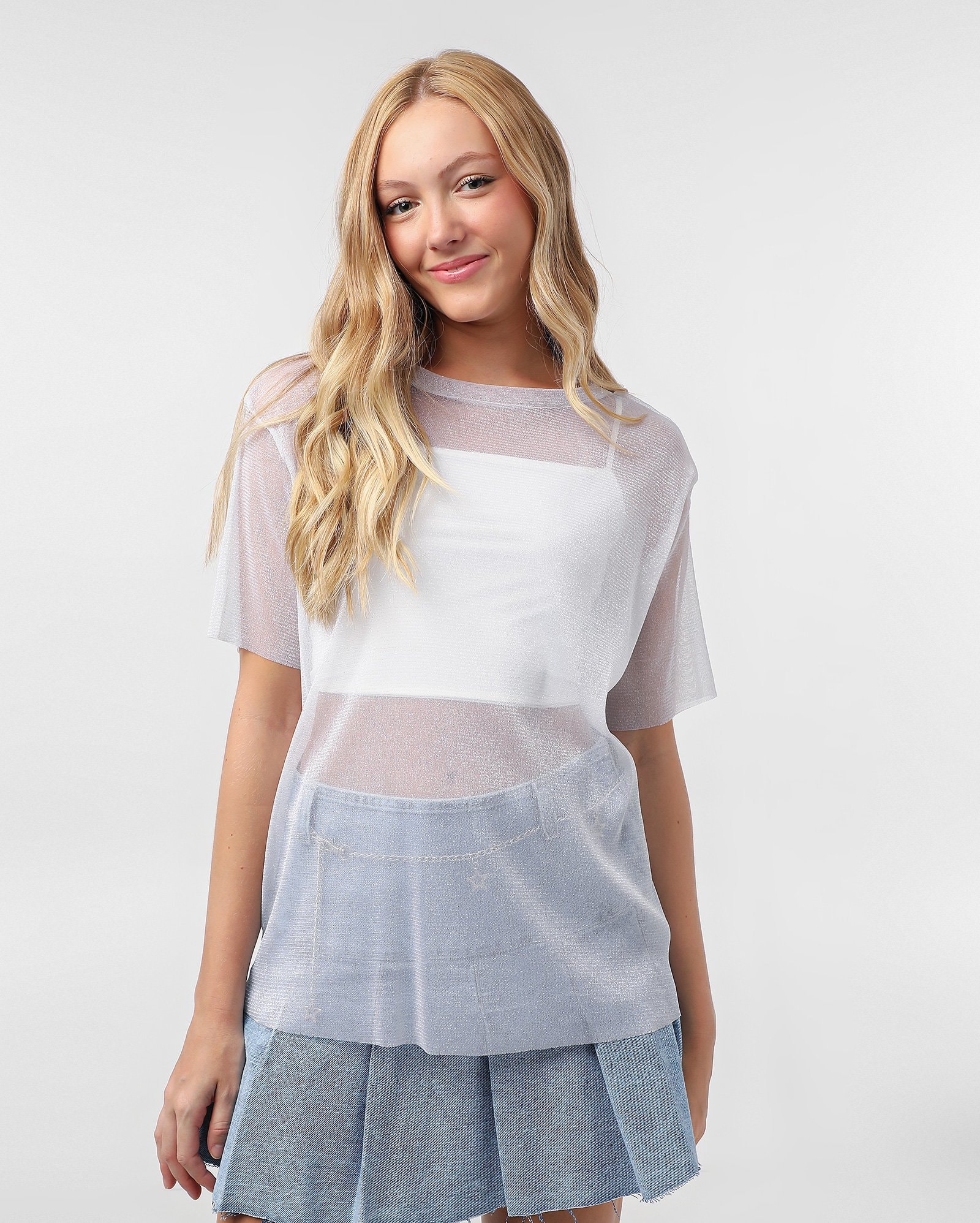 Camiseta juvenil de tule com brilhos branca | Pool