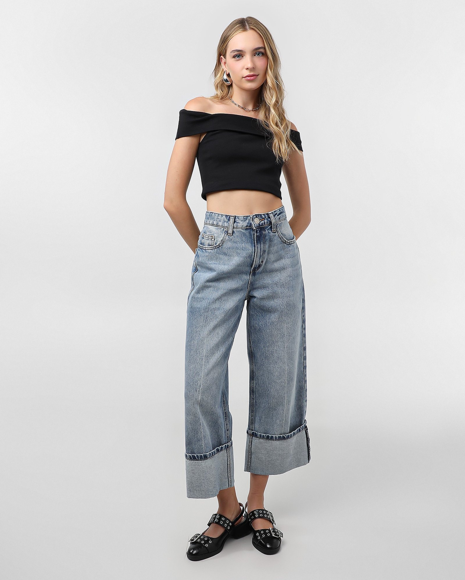 Blusa cropped ombro a ombro com dobra - Preto | Pool — foto 3
