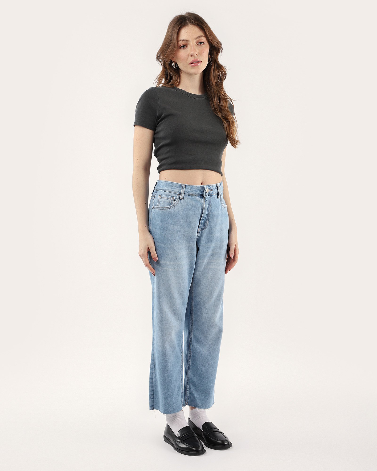 Calça jeans feminina reta cropped cintura alta - Jeans Médio | Pool Jeans
