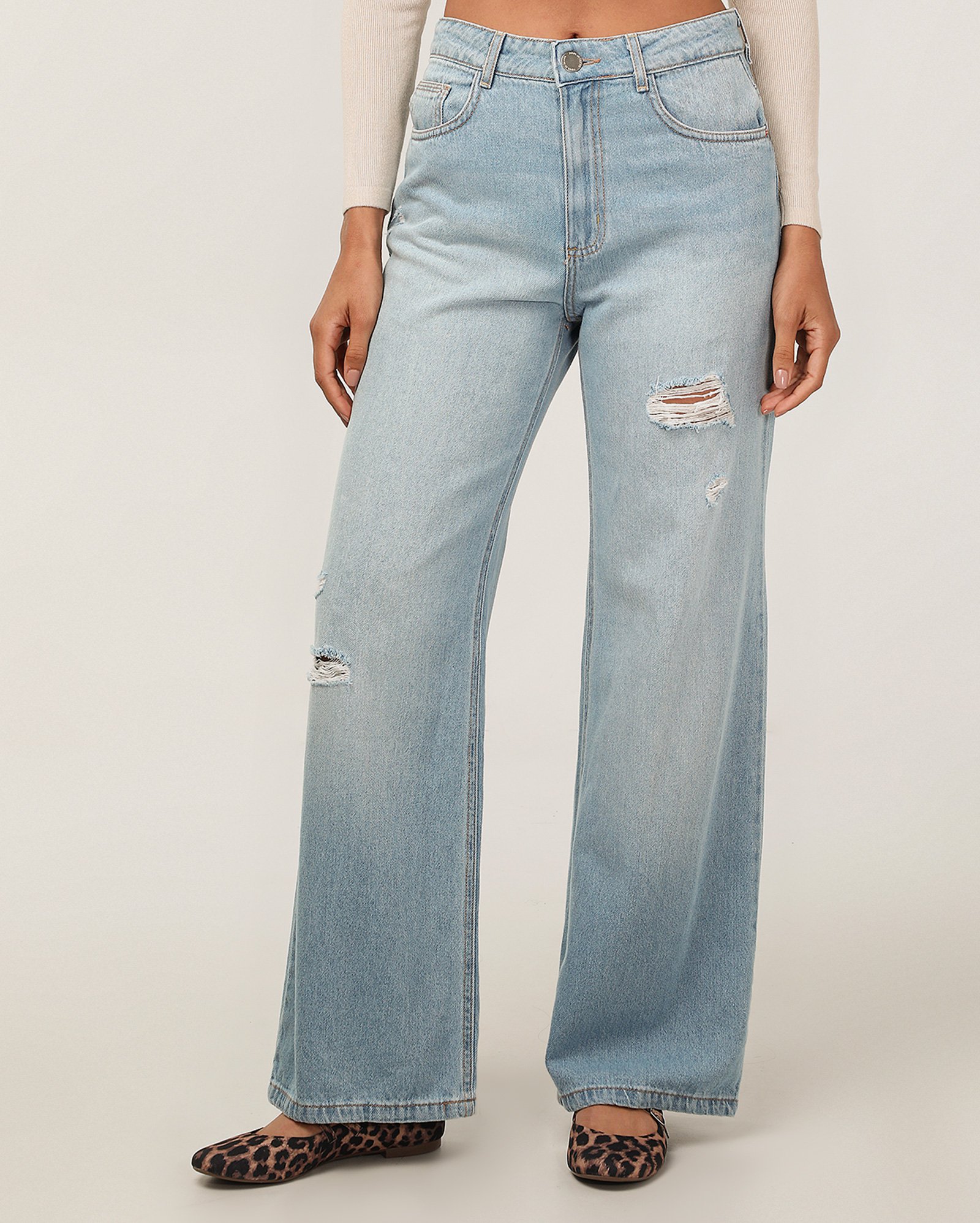 Calça jeans feminina wide leg cintura alta denim claro | Pool Jeans