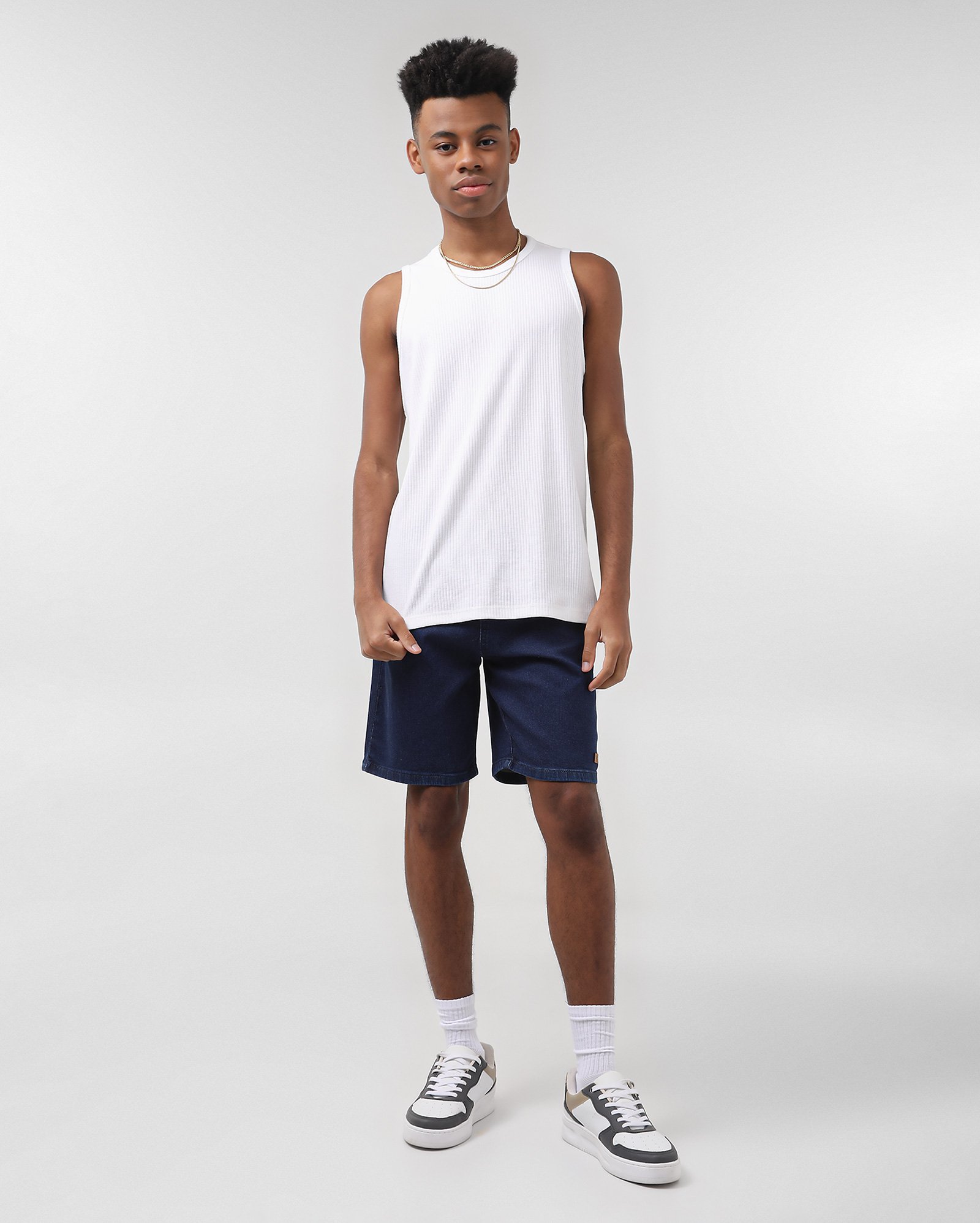 Bermuda jeans juvenil reta cós elástico denim escuro | Pool
