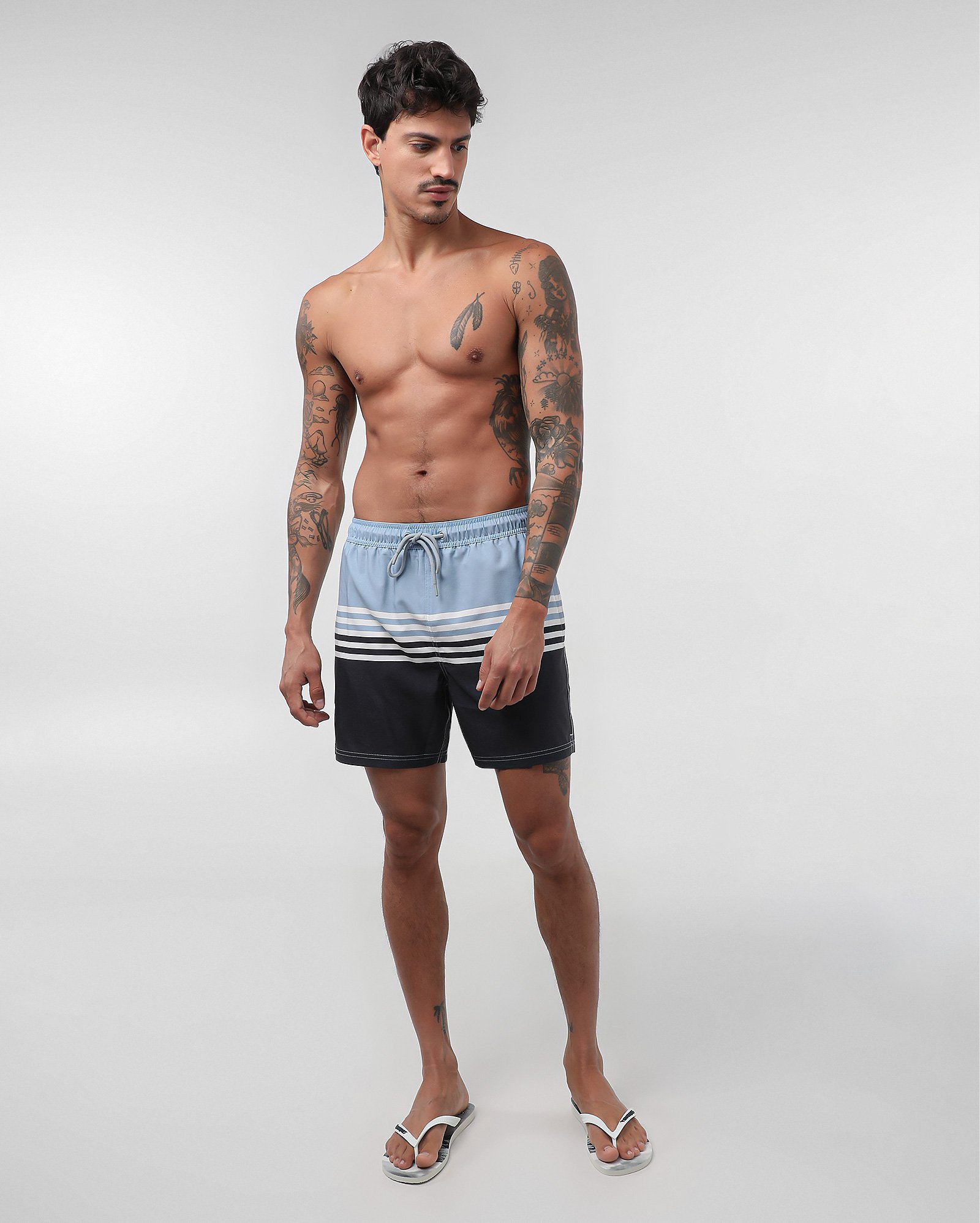 Short água masculino cós de elástico de listras multicor | Pool