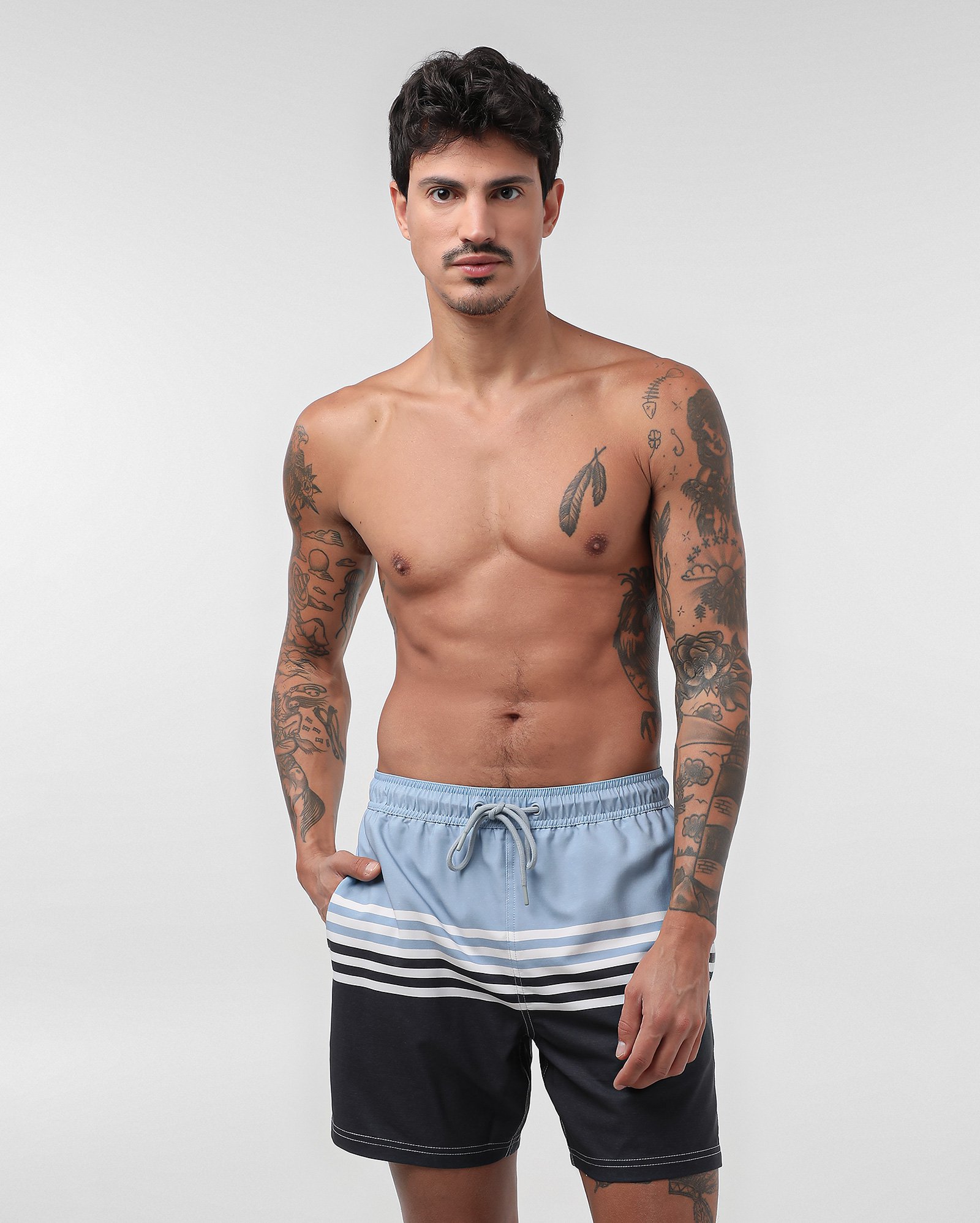 Short água masculino cós de elástico de listras multicor | Pool
