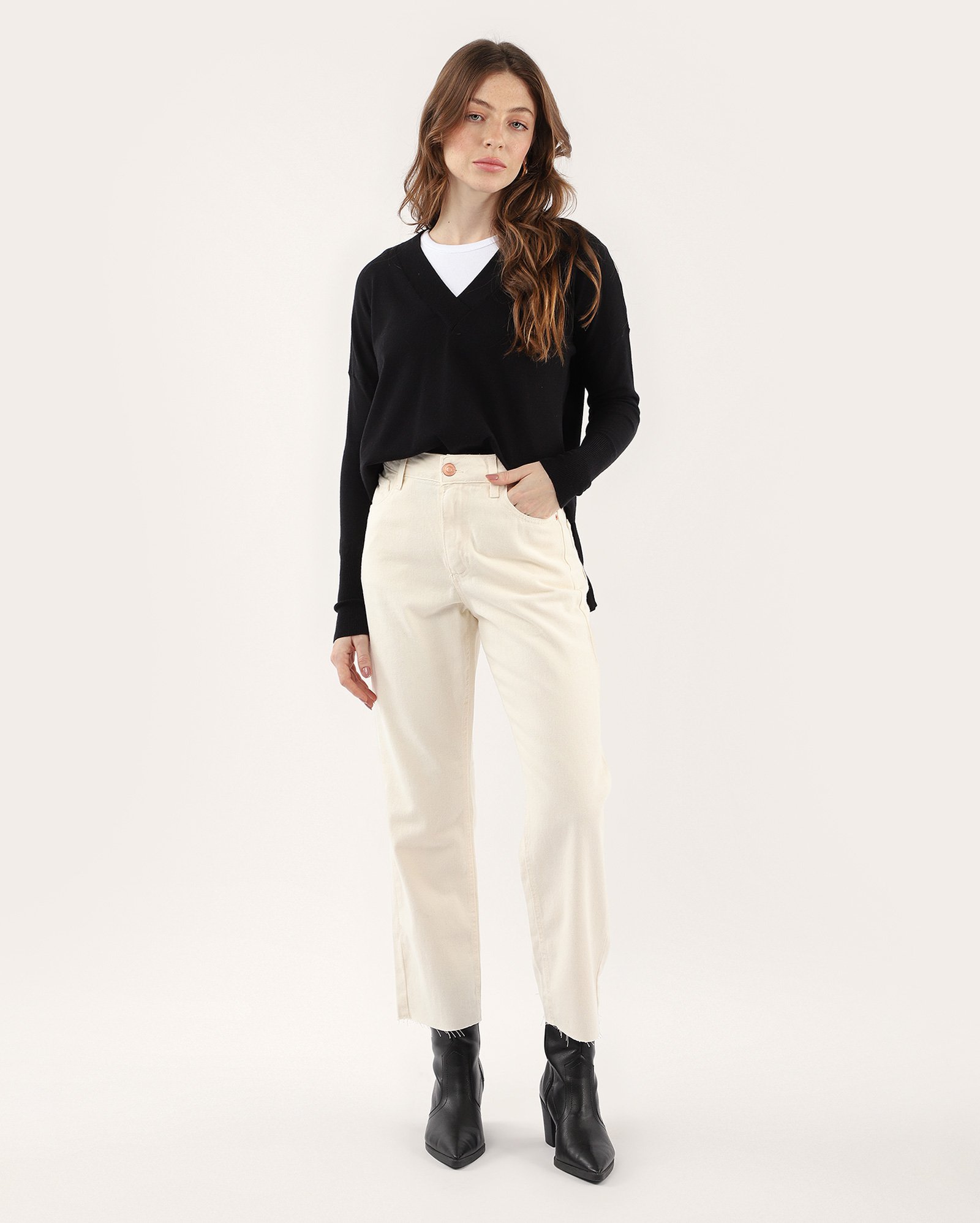 Calça jeans feminina reta cropped cintura alta - Off-white | Pool Jeans