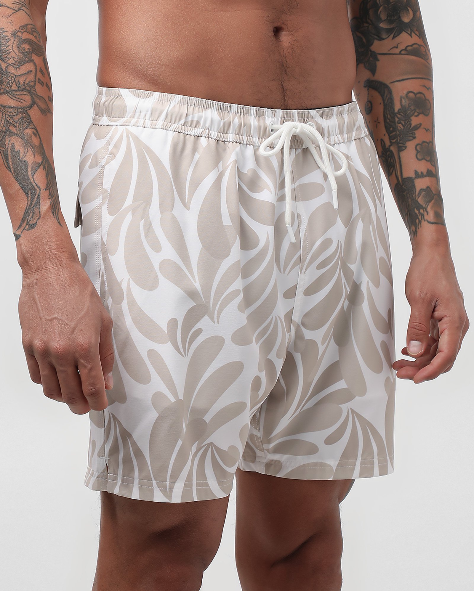 Short água masculino cós de elástico folhas abstratas bege | Pool