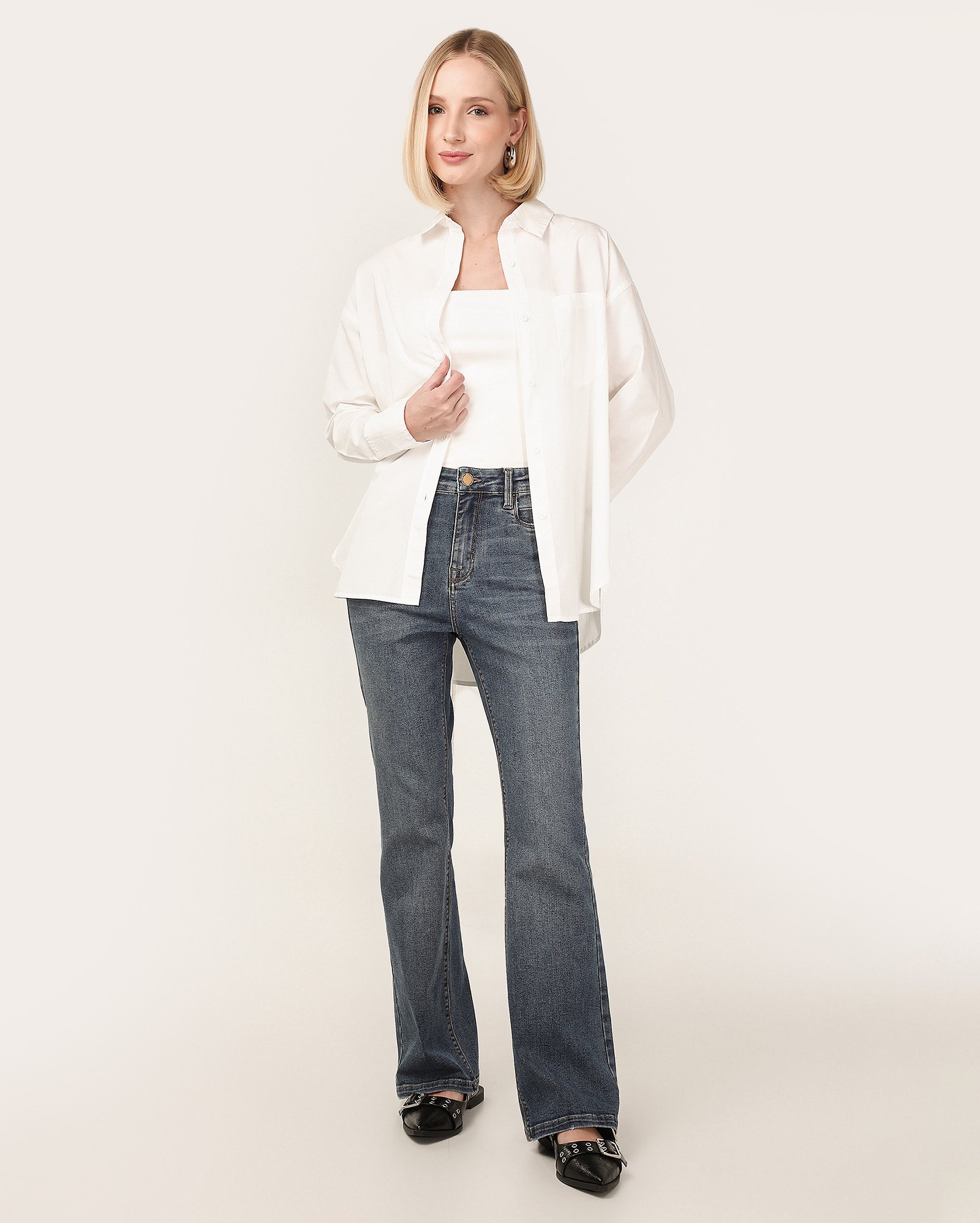 Calça jeans feminina reta cintura alta estonada denim escuro | Pool Jeans Premium