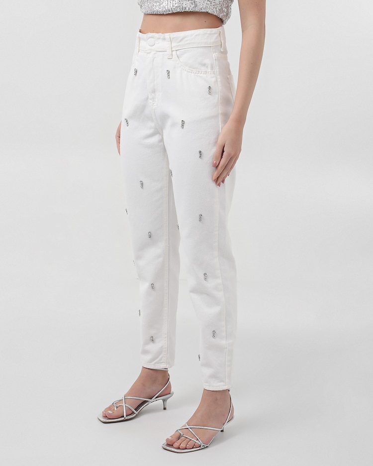 Riachuelo Calça de sarja feminina mom com strass cintura alta