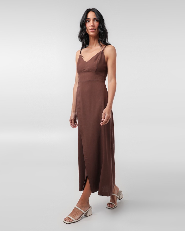Riachuelo Vestido midi de viscolinho decote v marrom AK by