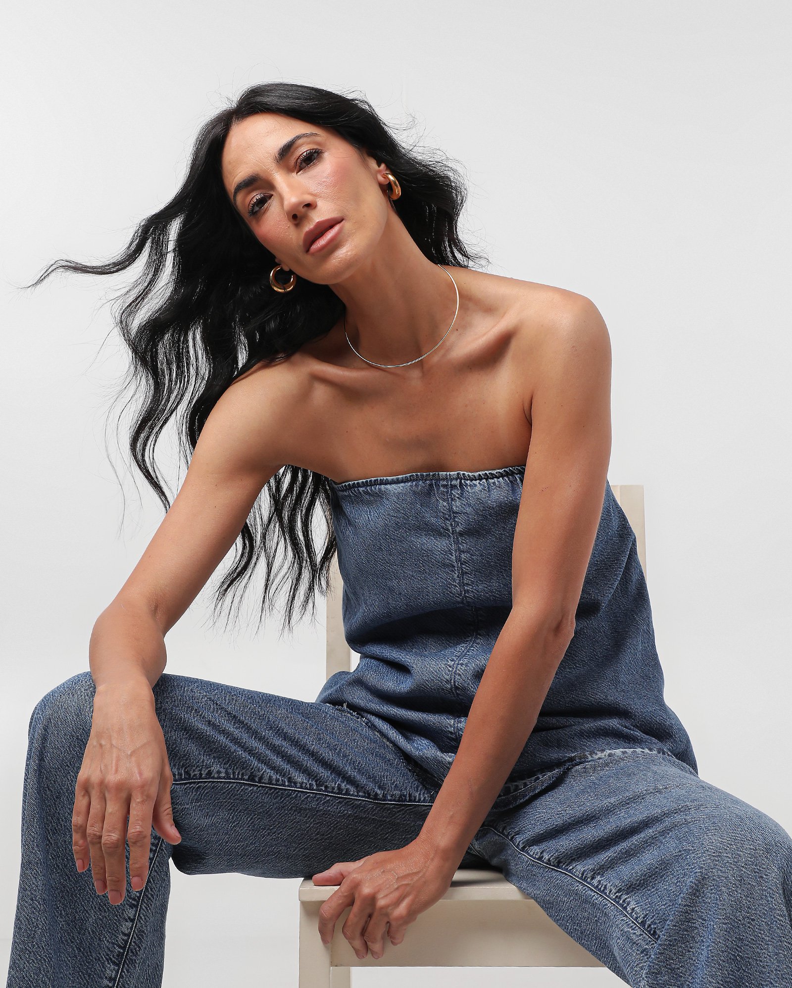 Top jeans strapless alongado amplo denim escuro | Pool Jeans