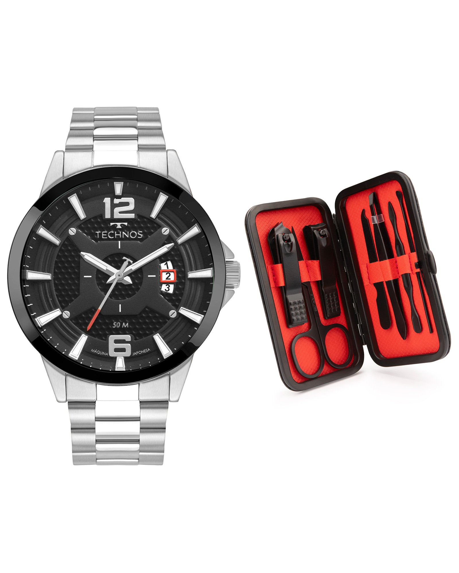 Relógio analógico masculino 2117LBVSK1P + kit manicure multicor | Technos